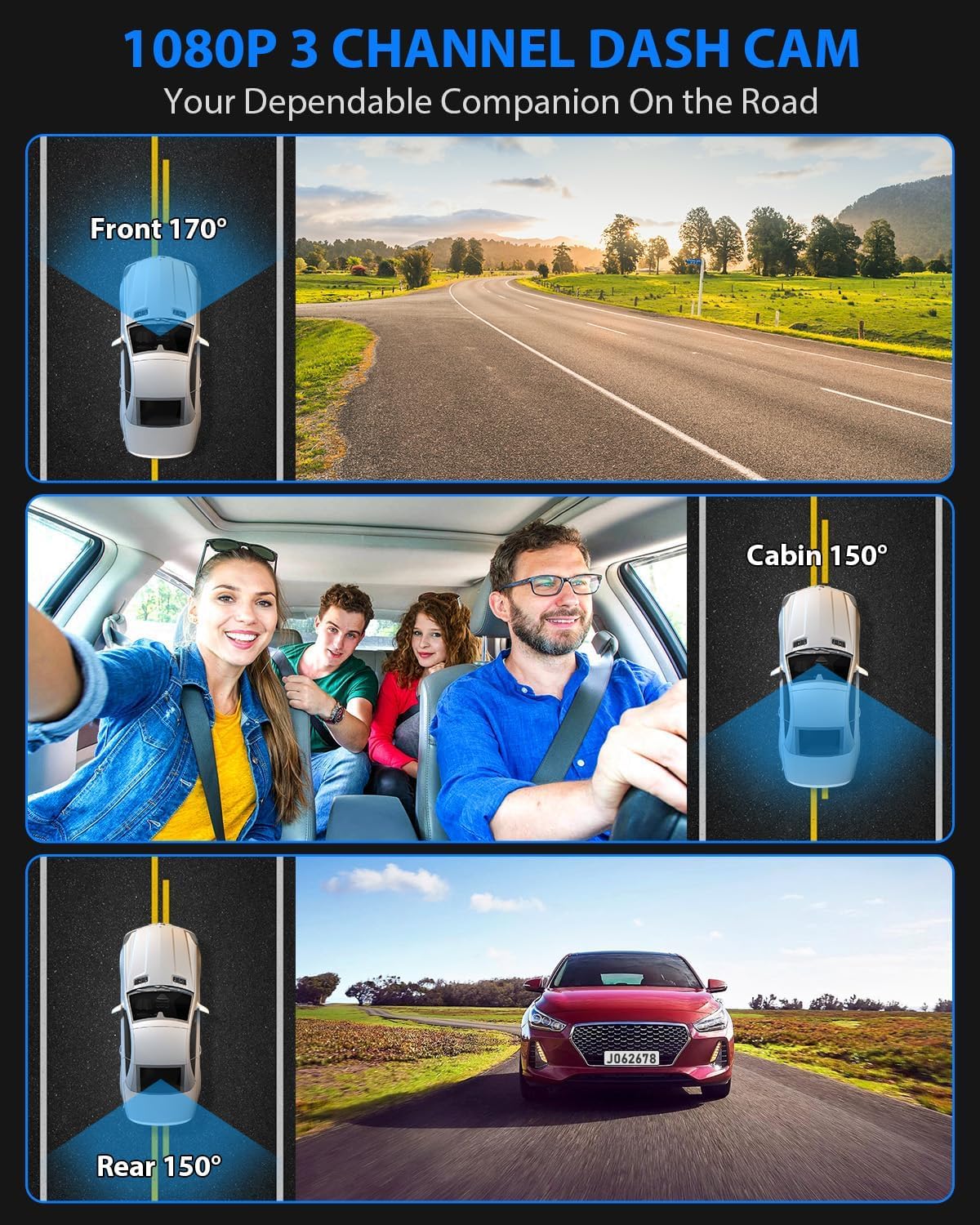 Dash Cam Avant & Arrière 1080P, Caméra Voiture 3 Canaux 32 Go : Vision Nocturne, Enregistrement Boucle, Stationnement 24h, Capteur G - 2