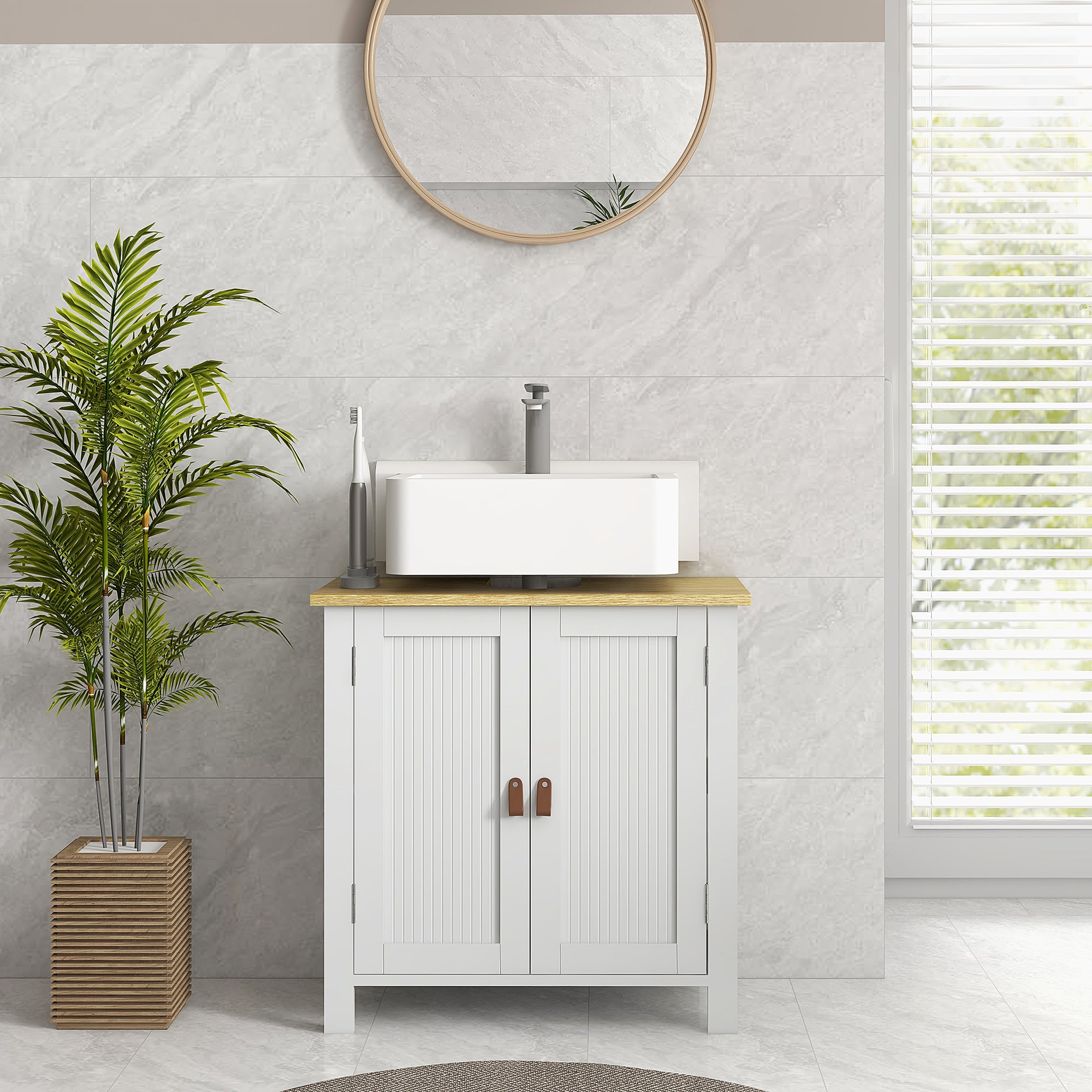 Meuble sous lavabo 2 portes étagère réglable 2 étages à l'intérieure poignées en PU 60 x 30 x 60 cm blanc - 4