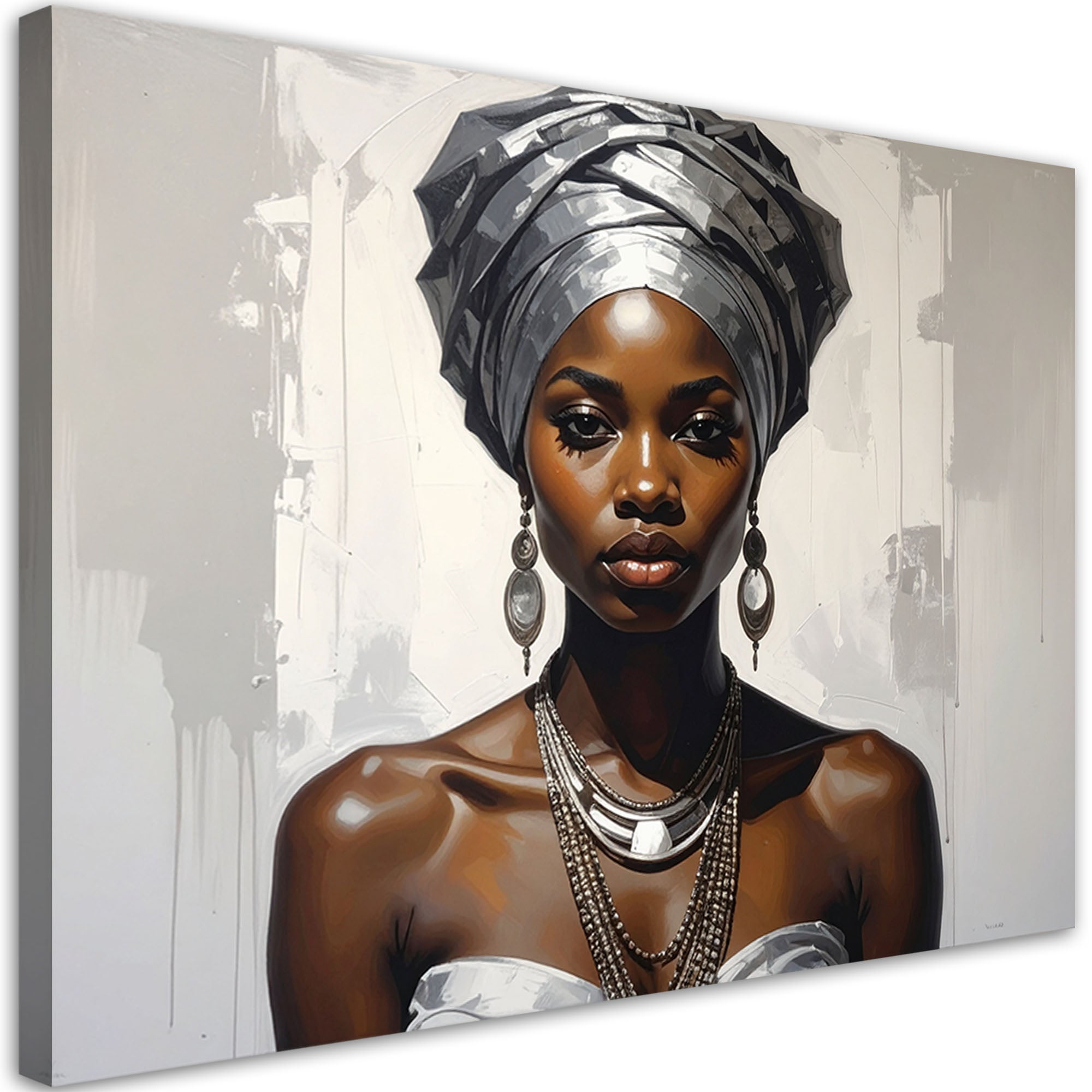 Obraz do salonu sypialni, Portret kobiety w srebrnym turbanie w stylu glamour 90x60