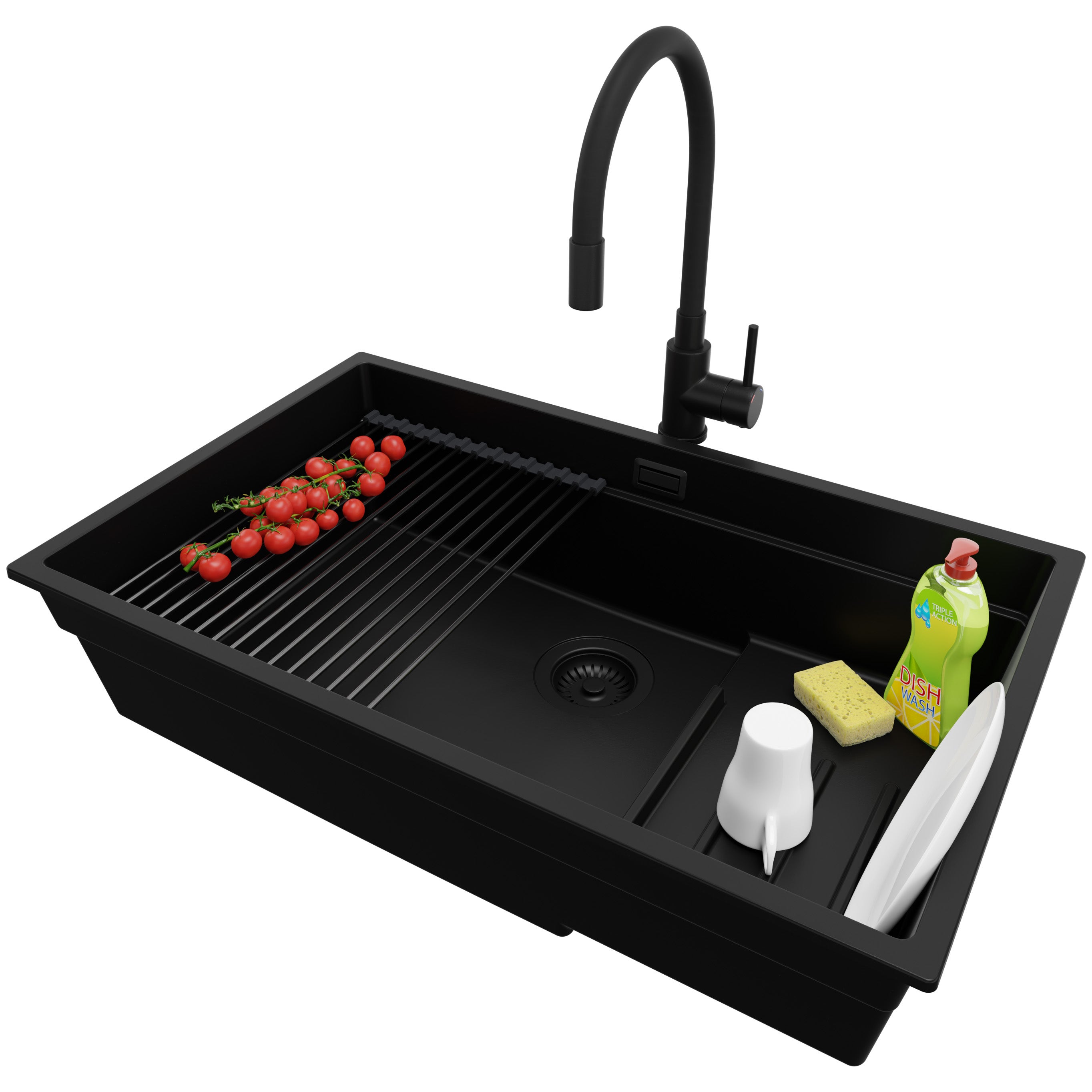 Evier Sous Plan Tout Noir 76x47cm, Evier en Granit 1 bac + Robinet 40x38cm + Kit de Vidage + Accessoire, Évier au meuble 80cm - Prague PRIMAGRAN | Leroy Merlin