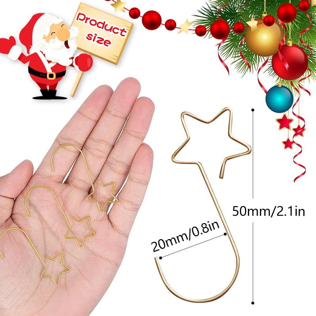 100 ganchos de bauble s de natal, ganchos de bauble s de árvore de natal com estrela, pequenos ganchos de metal para pendurar - 2