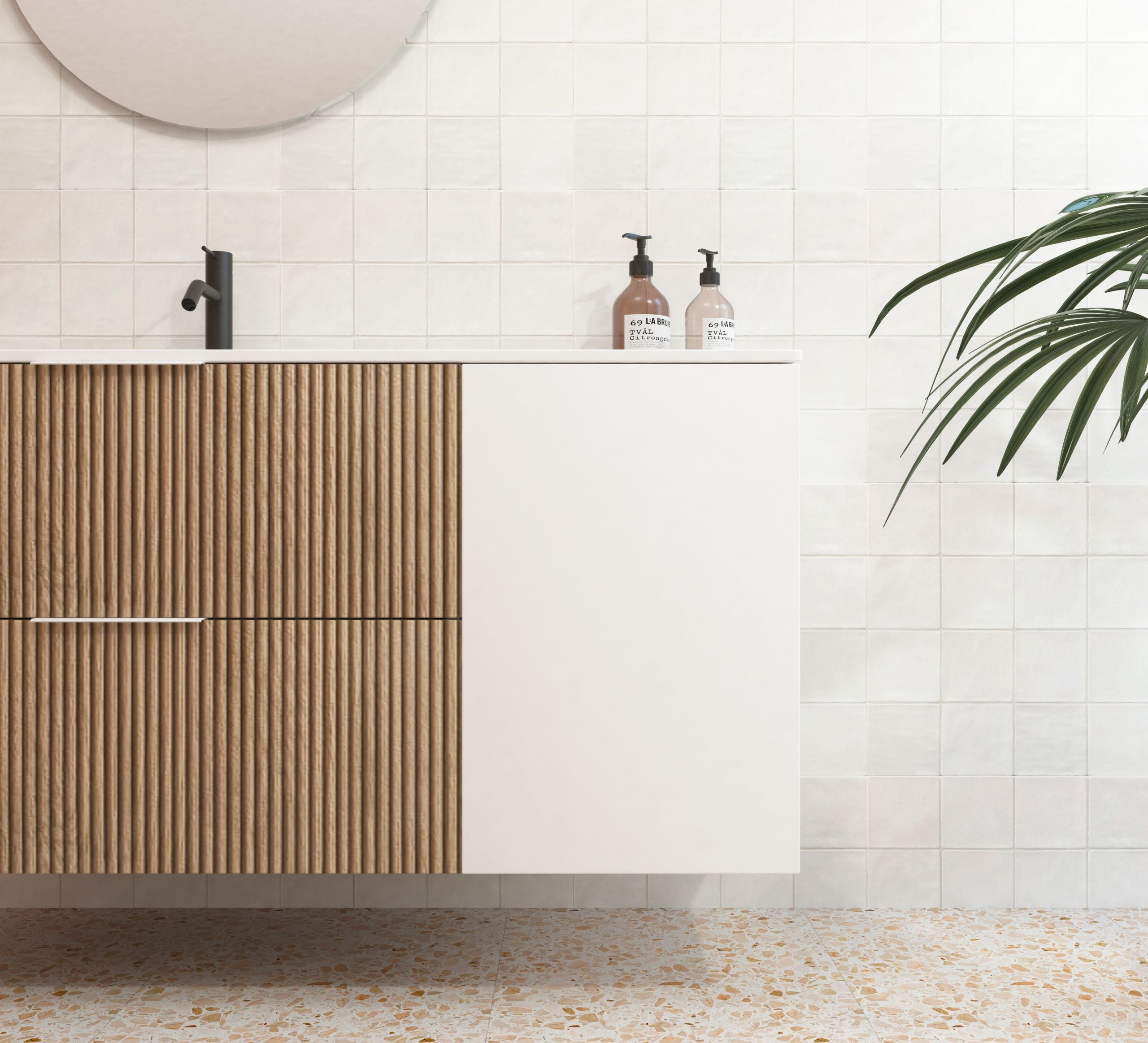 Meuble de salle de bain Mapau Pack avec lavabo et miroir circulaire BRIDAN deux tiroirs blanc mat 120cm - 2