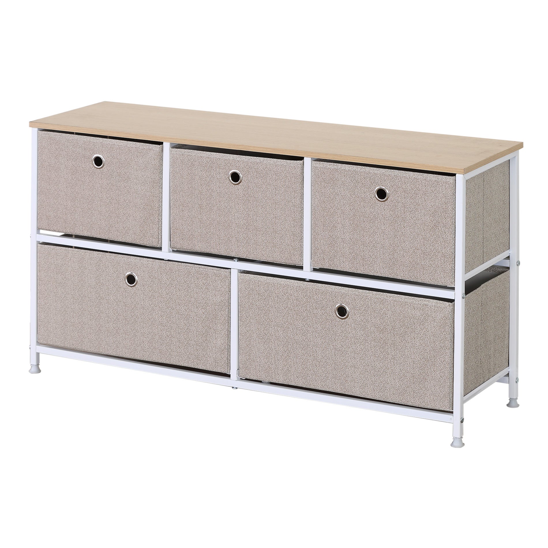 Meuble de rangement bas Rebecca Mobili Chiffonier à 5 tiroirs en metal et tissu blanc beige - 3