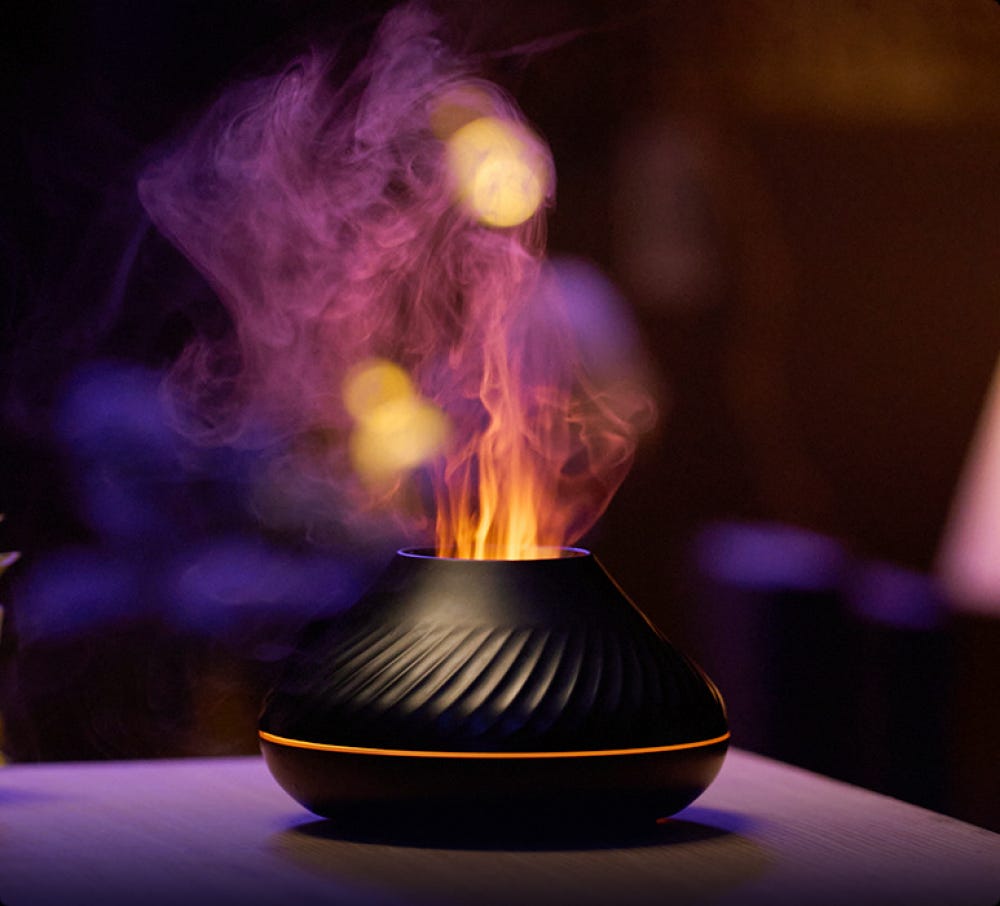 (Czarny) Dyfuzor olejków eterycznych Flame Aroma z nawilżaczem powietrza – 7 kolorów płomienia – do domu, sypialni, jogi i biura