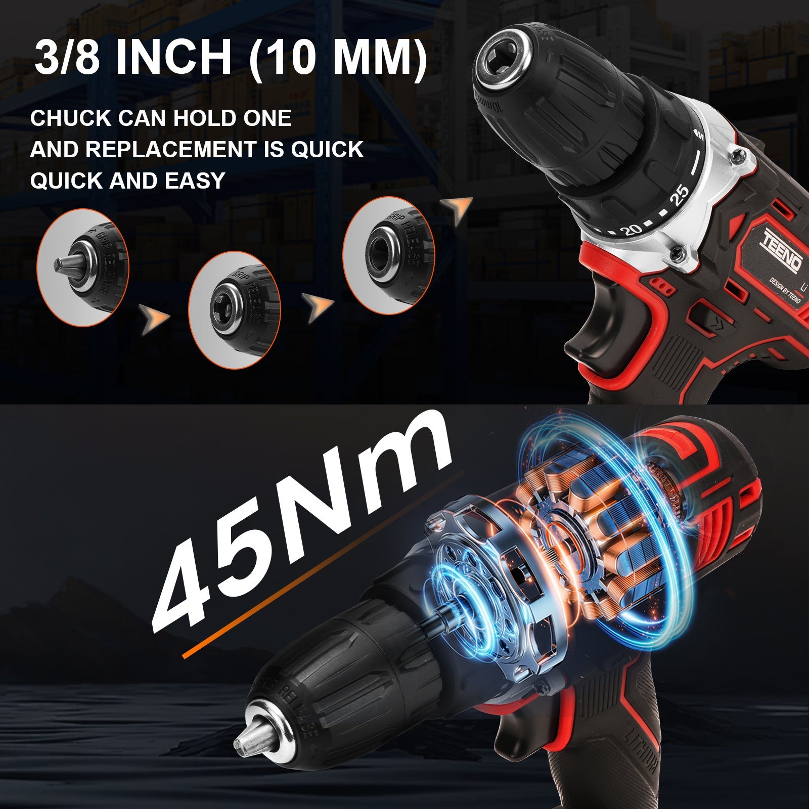 TEENO Perceuse Visseuse Sans Fil 21V Pour Batterie Makita 2x2.0Ah Batteries,45 Nm Visseuse Devisseuse Sans Fil,25+1 Réglages de Couple,2 Vitesses,46 - 4
