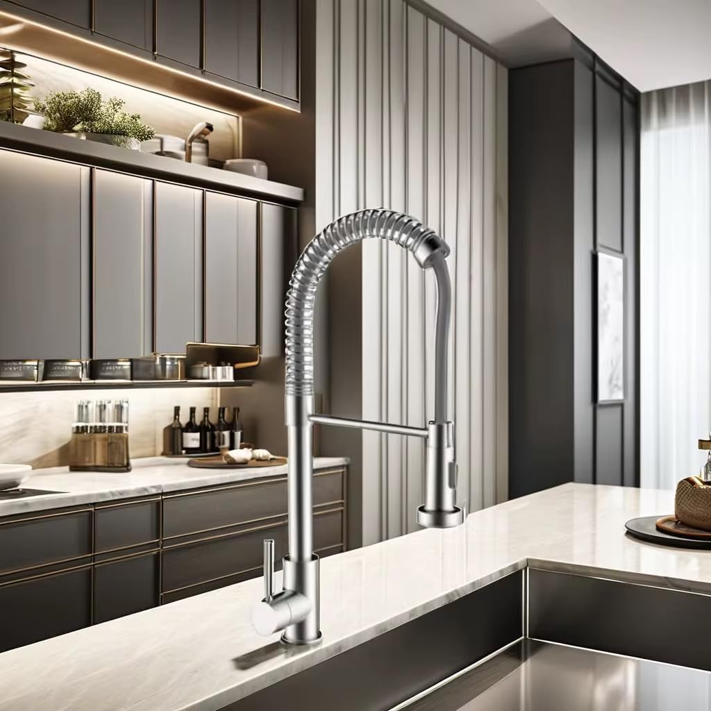 Robinet Cuisine avec Douchette Pivotant à 360° Robinet Cuisine à Ressort 2 Modes de Pulvérisation avec Tuyaux Mitigeur Monocommande (Argent) - 6