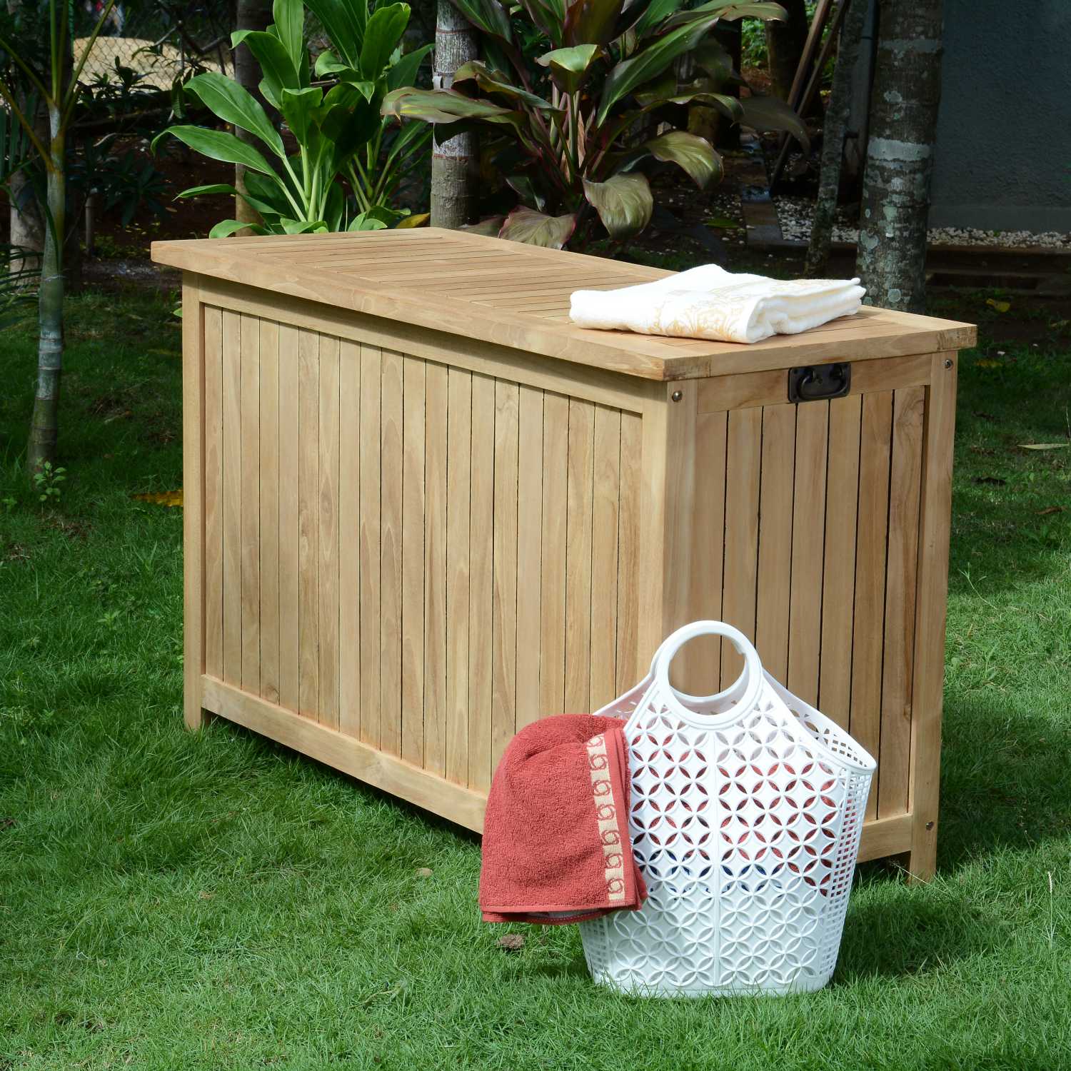 Coffre De Rangement En Teck BATANG 130 Cm | Teck Brut Indonésien | Capacité 326 Litres | Livré En Kit à Monter