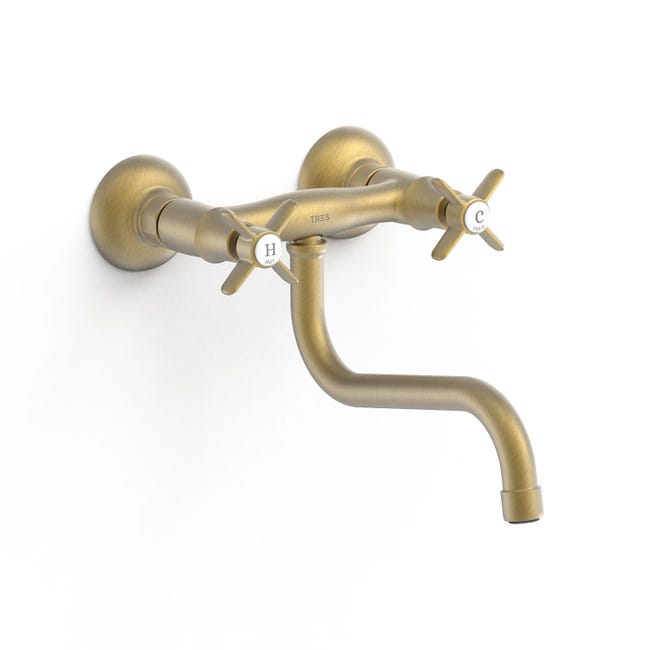 TRES 24231001LM COCINA Grifo Bimando Mural Fregadero Color Latón