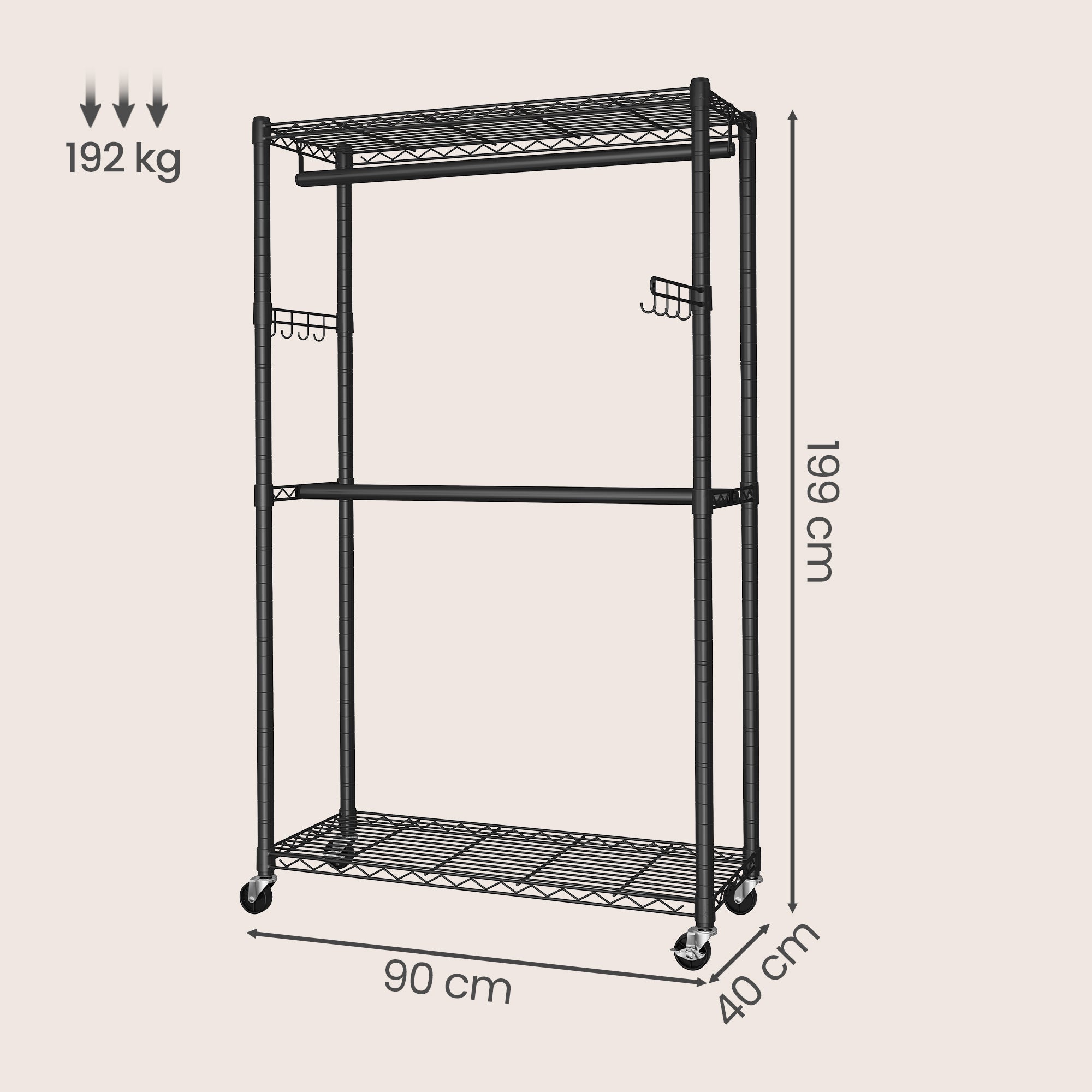 Portant Mobile en Métal, Penderie avec Crochets et Étagères Réglables, pour Chambre, 90 x 40 x 199 cm, Noir - 5