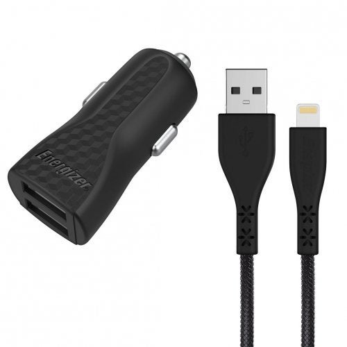 Pack Chargeur Allume Cigare - 3.4A 2 ports USB-A + câble 1,20 m Lightning Made for iPhone - Garantie à vie - Noir - ENERGIZER