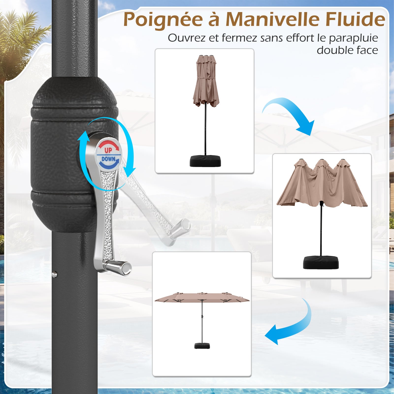 Parasol Double de Jardin 396 x 201 CM, Parasol Extra Large avec Manivelle et Socle Robuste, Parasol Jumeau pour Cour, Patio, Terrasse, Brun - 4