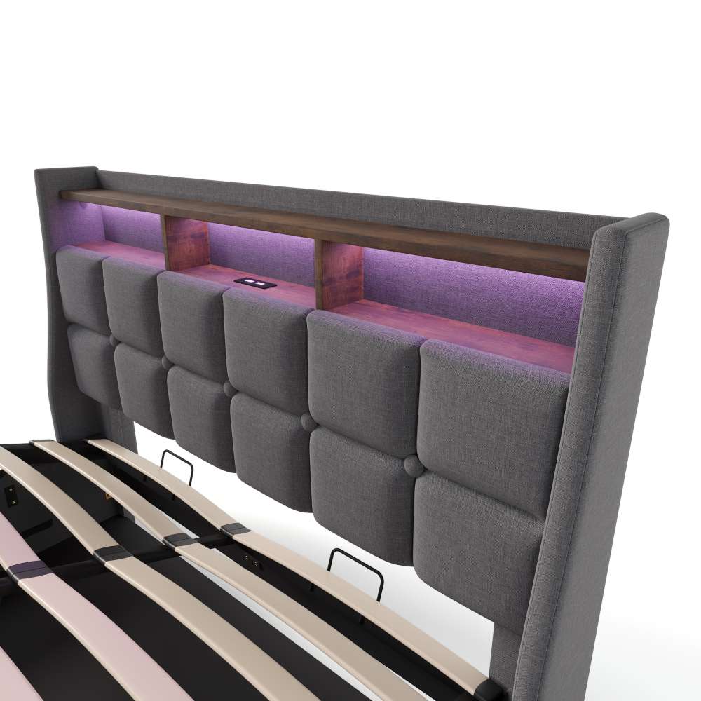 Łóżko tapicerowane z USB 180 x 200 cm, podwójne łóżko LED z metalową ramą i listwami, rama łóżka z lnu Łóżko młodzieżowe (bez materaca) - 3