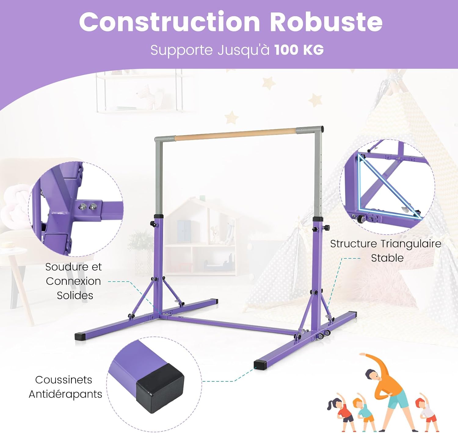 Barre de Gymnastique Pliable pour Enfants avec 13 Hauteurs Réglables (90-150cm), Barre d'Entraînement Extensible (Violet) - 3