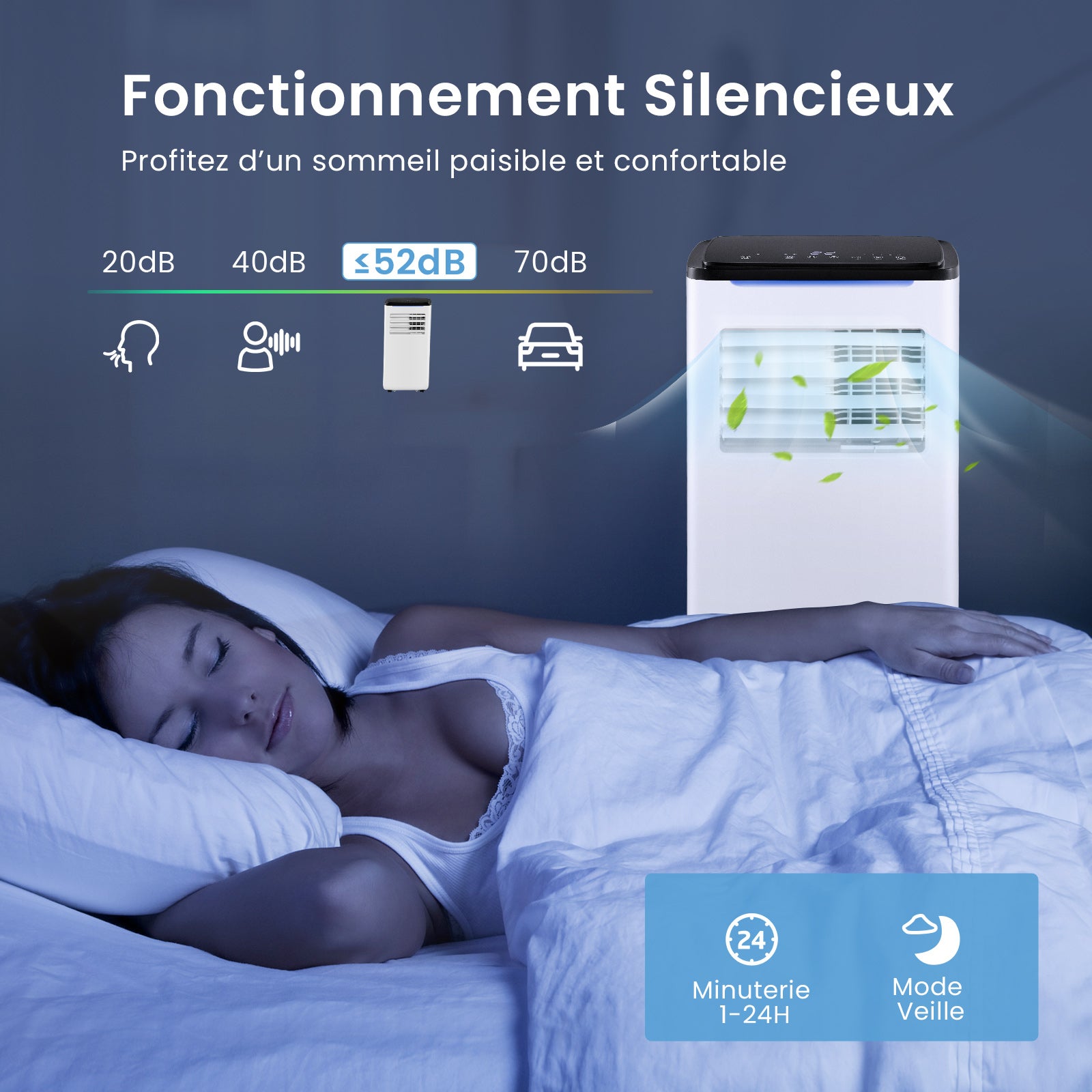 9000 BTU Climatiseur Portable 5 en 1, Refroidissement, Ventilateur, Chauffage, Déshumidificateur, Climatisation Mobile Intelligente Minuterie 24 h - 6