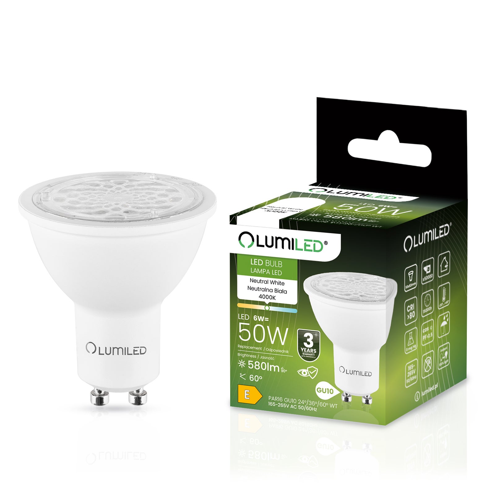 Żarówka LED Lumiled GU10 Reflektor PAR16 6W 580lm 4000K Neutralna biel 24st 36st 60st 1 szt.