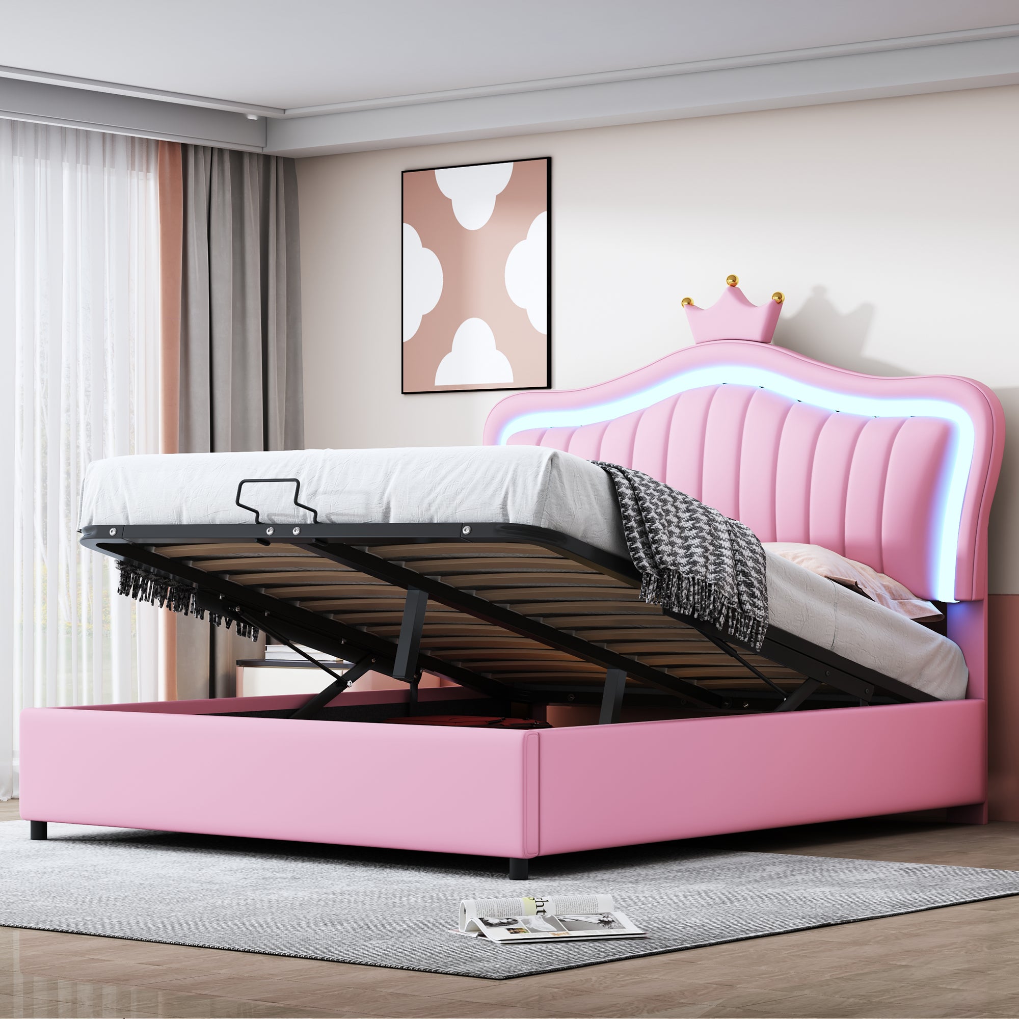Letto Imbottito Per Bambini 140x200 Cm, Testiera A Conchiglia Con Corona Rosa, Luci LED, Idraulico, Pelle PU, Rete A Doghe