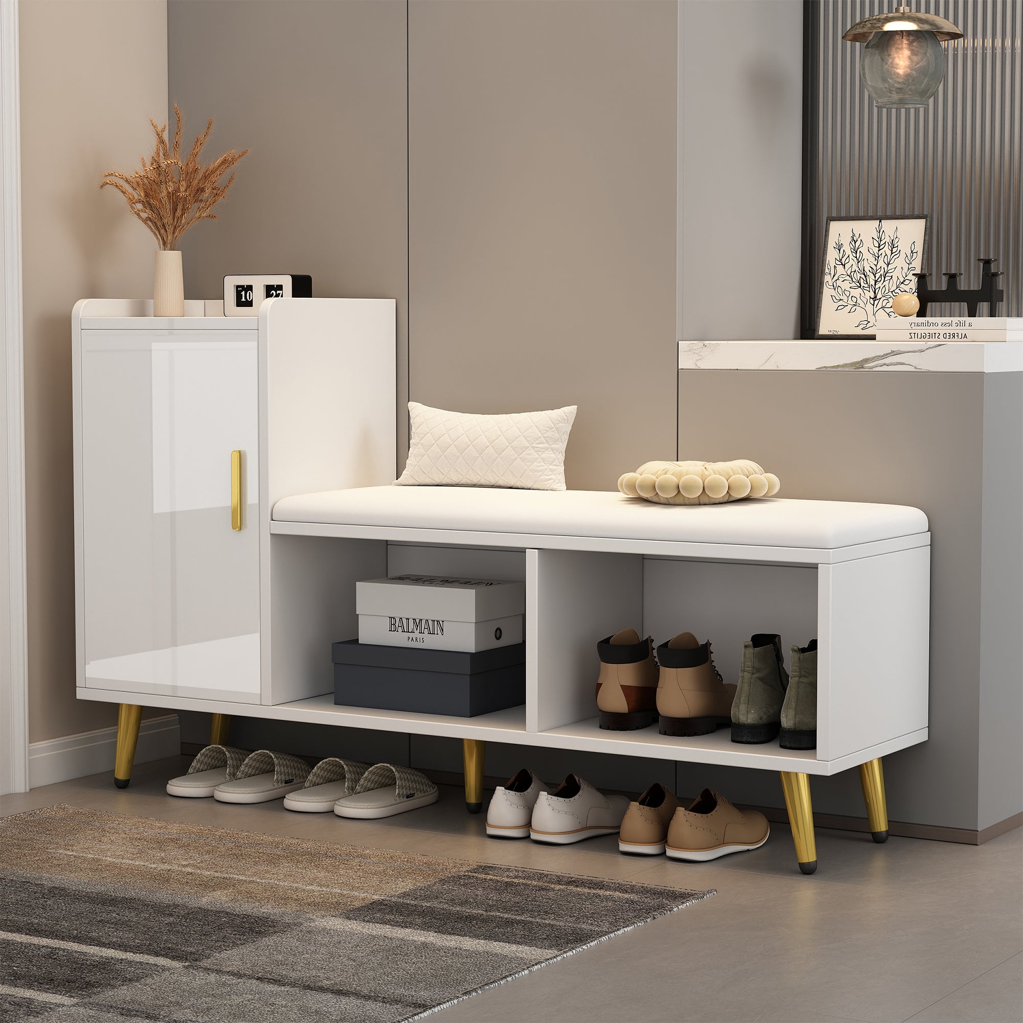 Panca portascarpe con 1 anta, 2 nicchie e cuscino - gambe e maniglie in metallo dorato - Bianco - 120 x 35 x 68,5 cm - 3