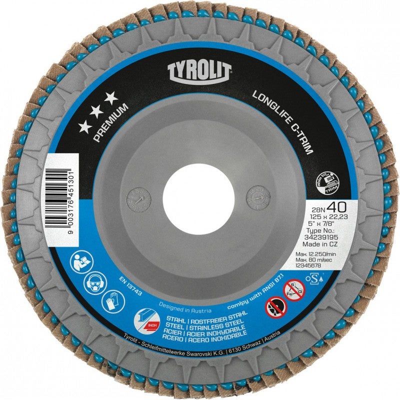 Disque à Lamelles TYROLIT PREMIUM CERAMIC – D.125 Mm, Grain 40, Idéal Pour Acier Inoxydable