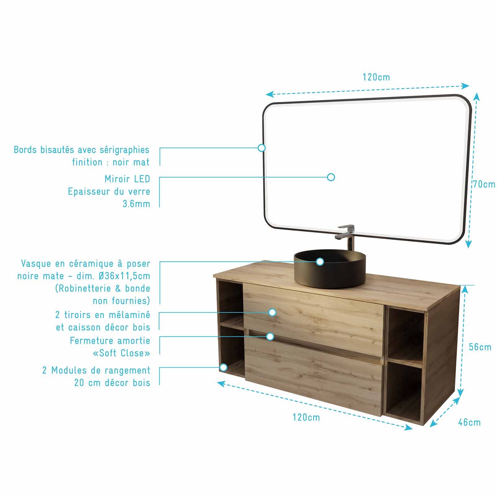 Meuble de salle de bains 120 TIMBER Décor Chêne 2 tiroirs - Vasque noire à poser Miroir LED 120x70 - 3