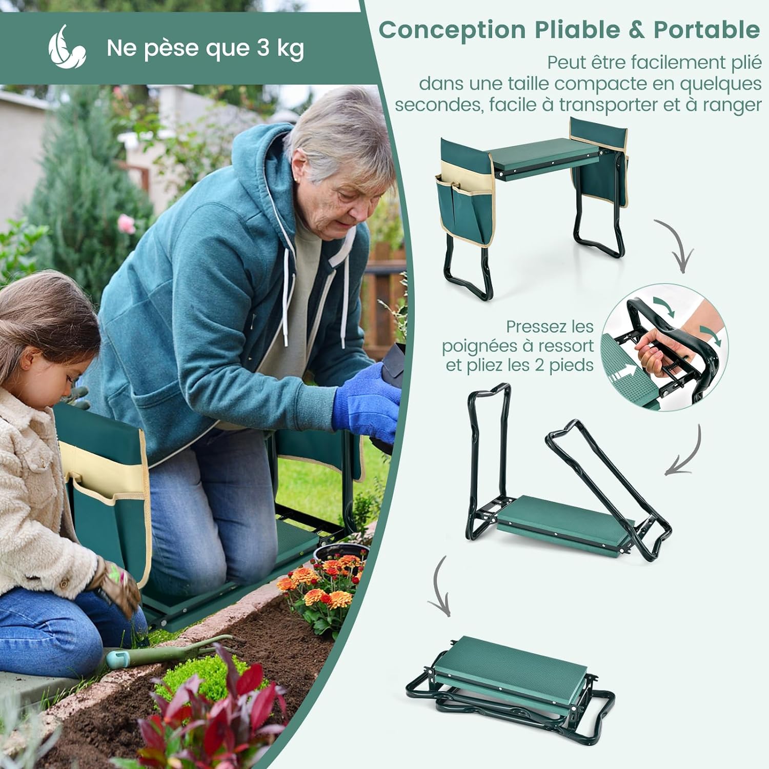 Tabouret de Jardinage Pliable avec Coussin EVA, Genouillère de Jardin, Cadre en Métal avec 2 Grande Pochette à Outils Charge 150KG - 6