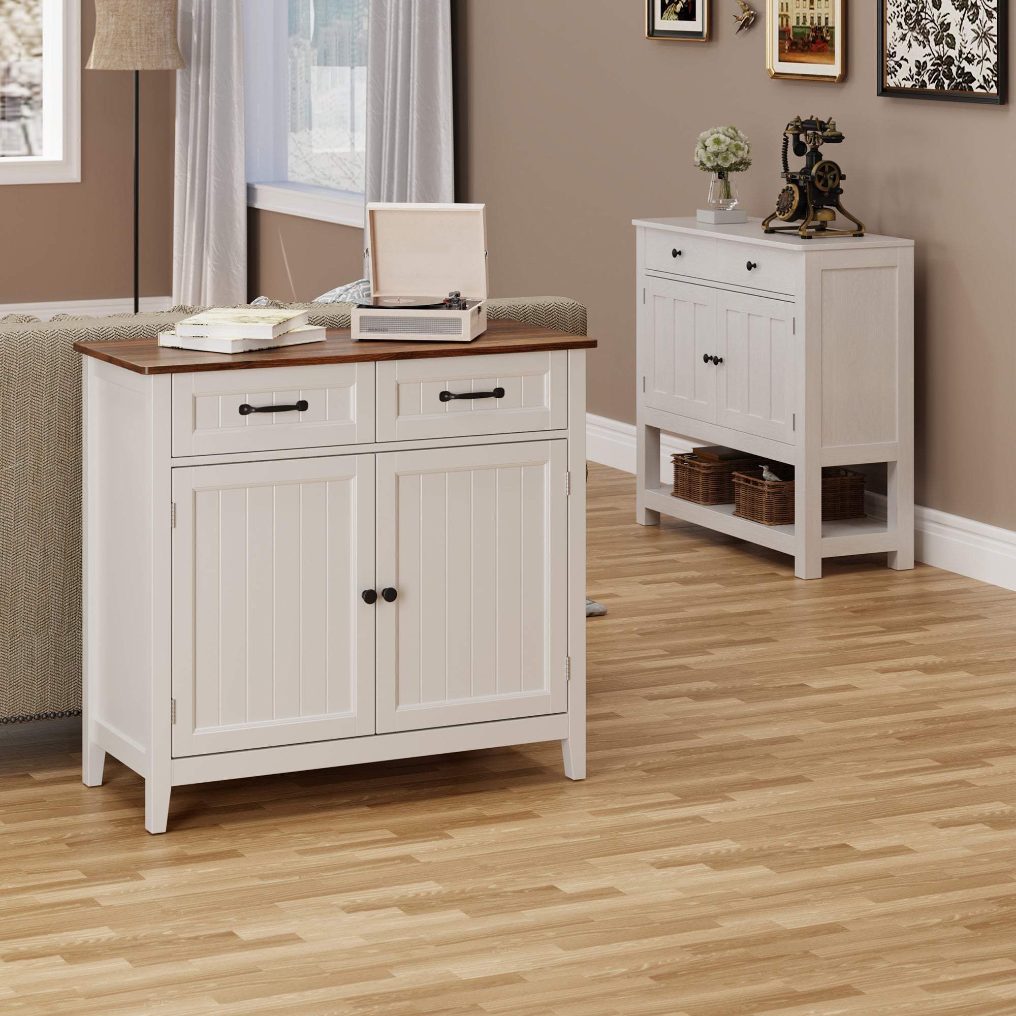 Buffet Meuble de Rangement en MDF - 2 Tiroirs, 2 Portes et Étagère Réglable avec Plateau Marron Bealife - 6
