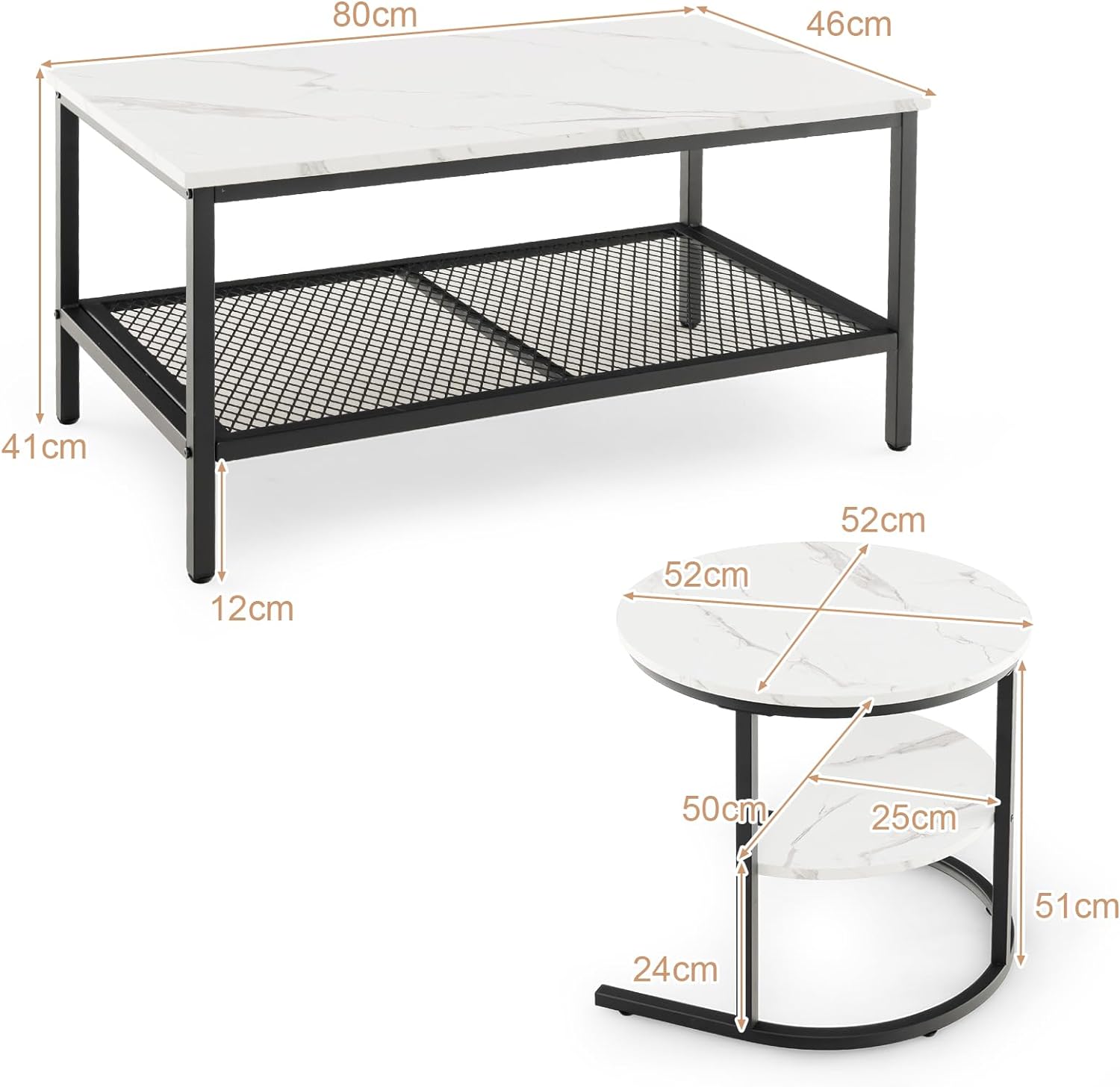 Juego de 2 mesas con mesa rectangular extraíble y mesa redonda, de imitación de mármol blanco, mesa auxiliar moderna para salón, blanco y negro - 3