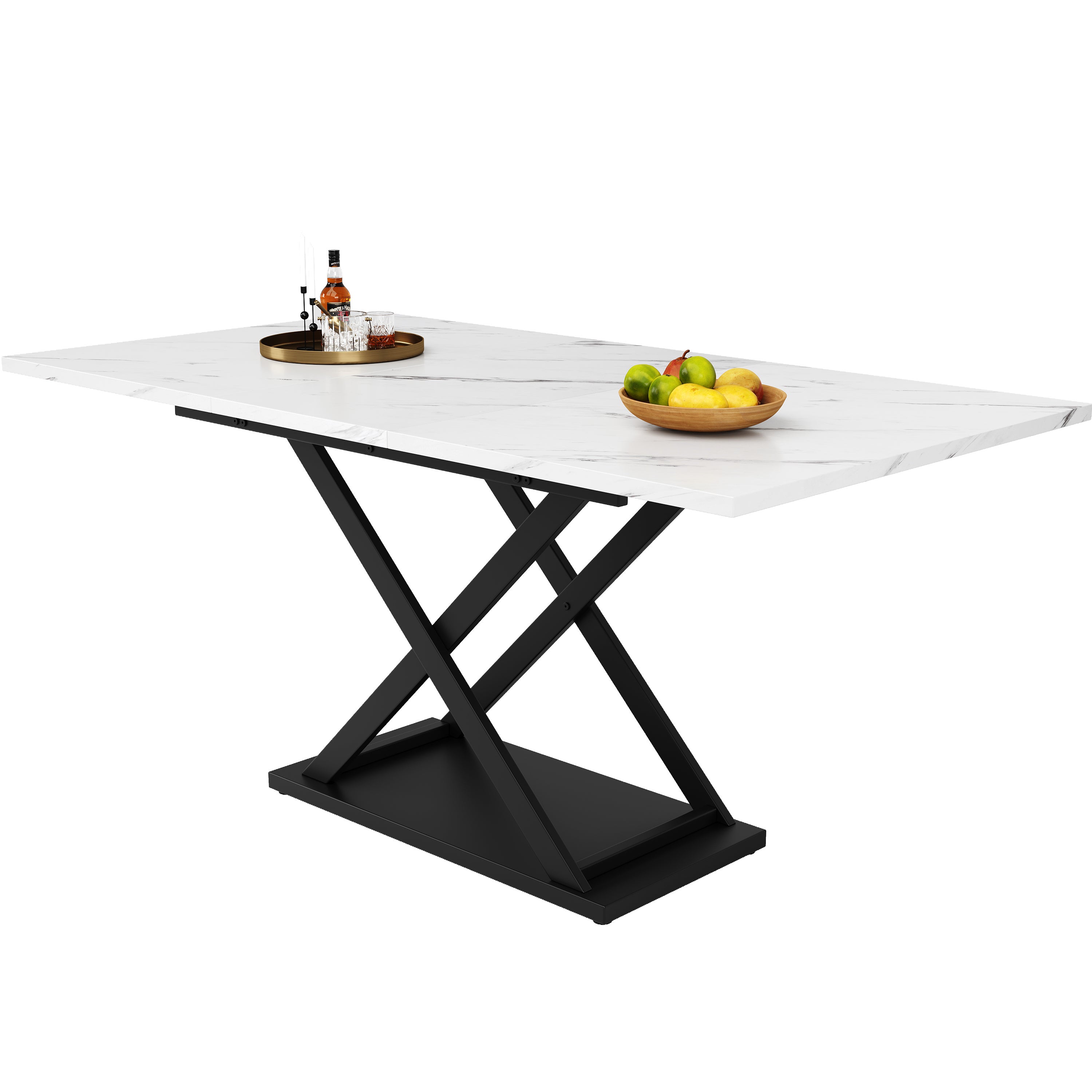 Rozkładany stół jadalny dla 4-6 osób - 120/160 x 80 x 75 cm - Nogi z płyty MDF i metalu - Blat imitujący marmur - Kolor biały - 6