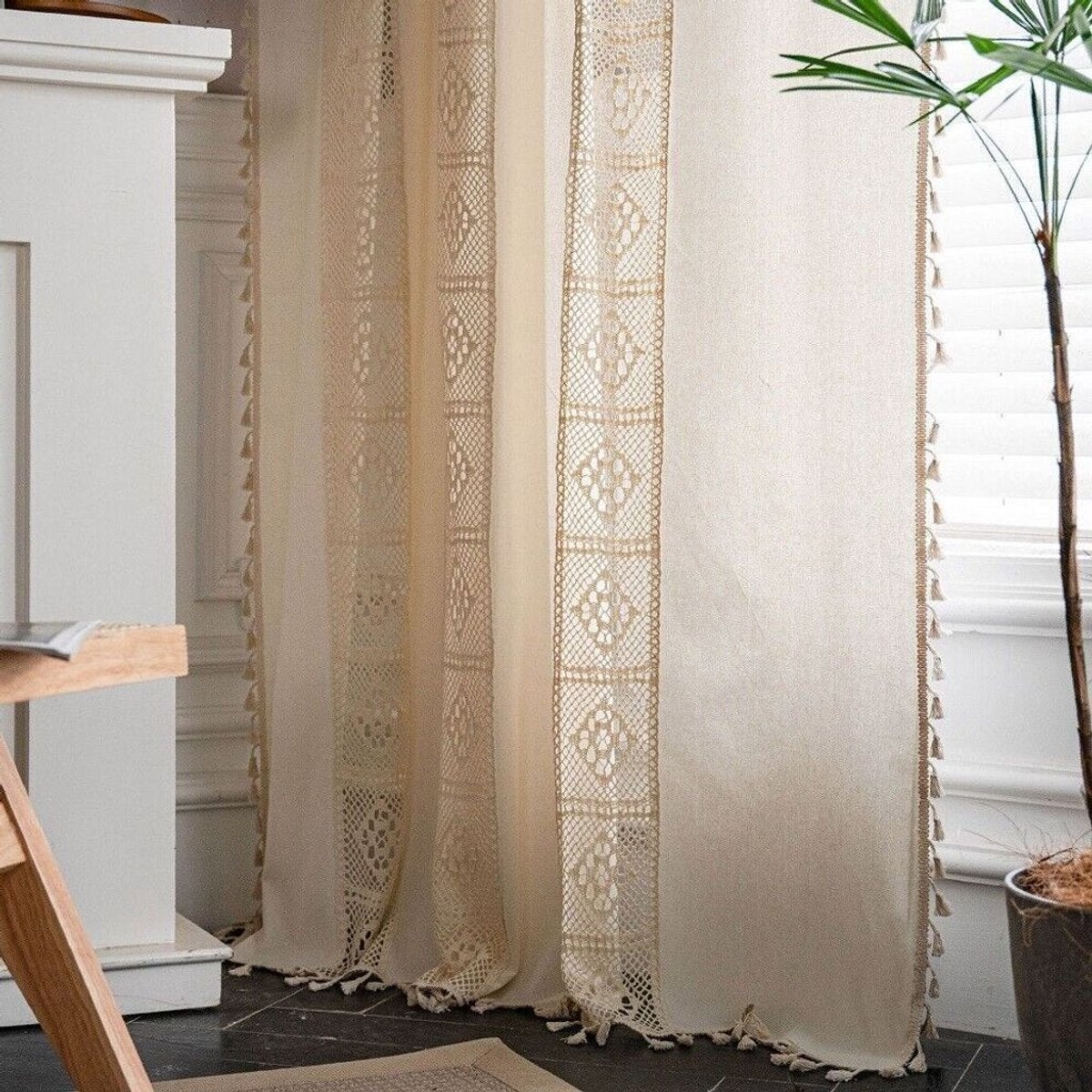 Perdele în stil boem, bumbac și in, ajurate, opace, bej, 150*60 cm