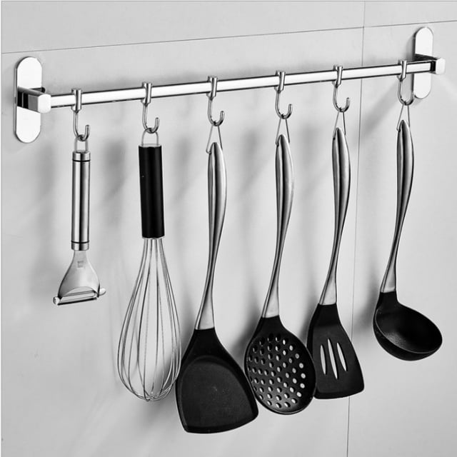 40cm Porte Ustensiles Mural en Acier Inoxydable avec 6 Crochets pour Cuisine et Salle de Bain