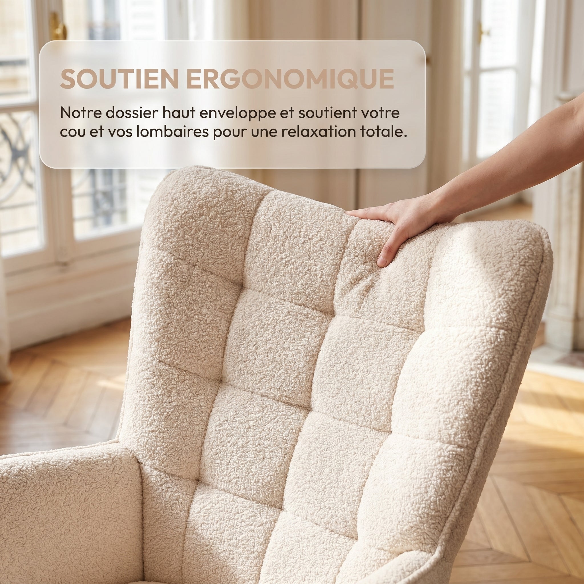 Fauteuil à Bascule, Rocking Chair d'Allaitement - Structure en métal et pieds bois massif, Maximale : 150 kg, Tissu Peluche Teddy, Beige, 75x68x92 cm - 6