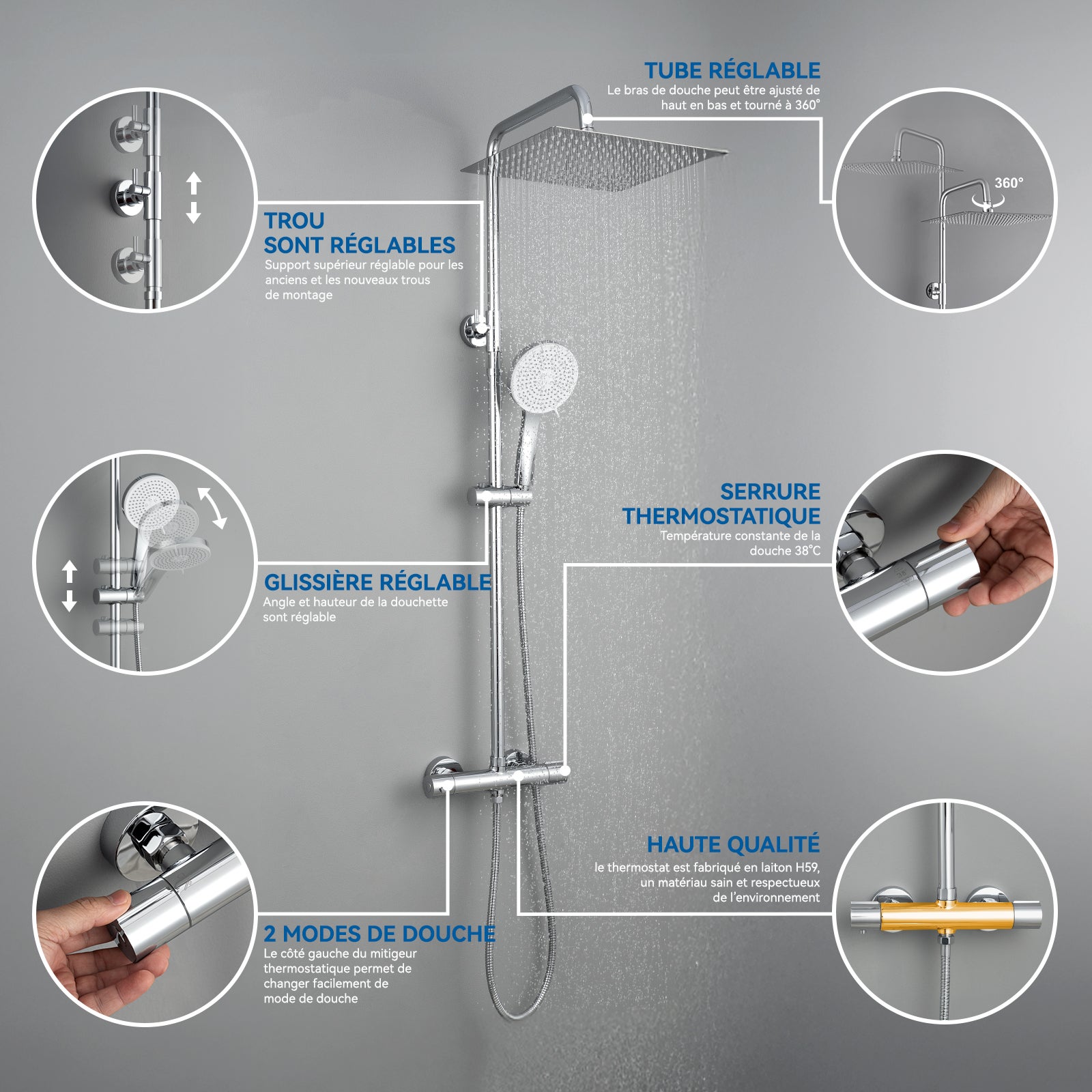 Columna de ducha termostática 38°, sistema de ducha con cabezal de ducha de 12
