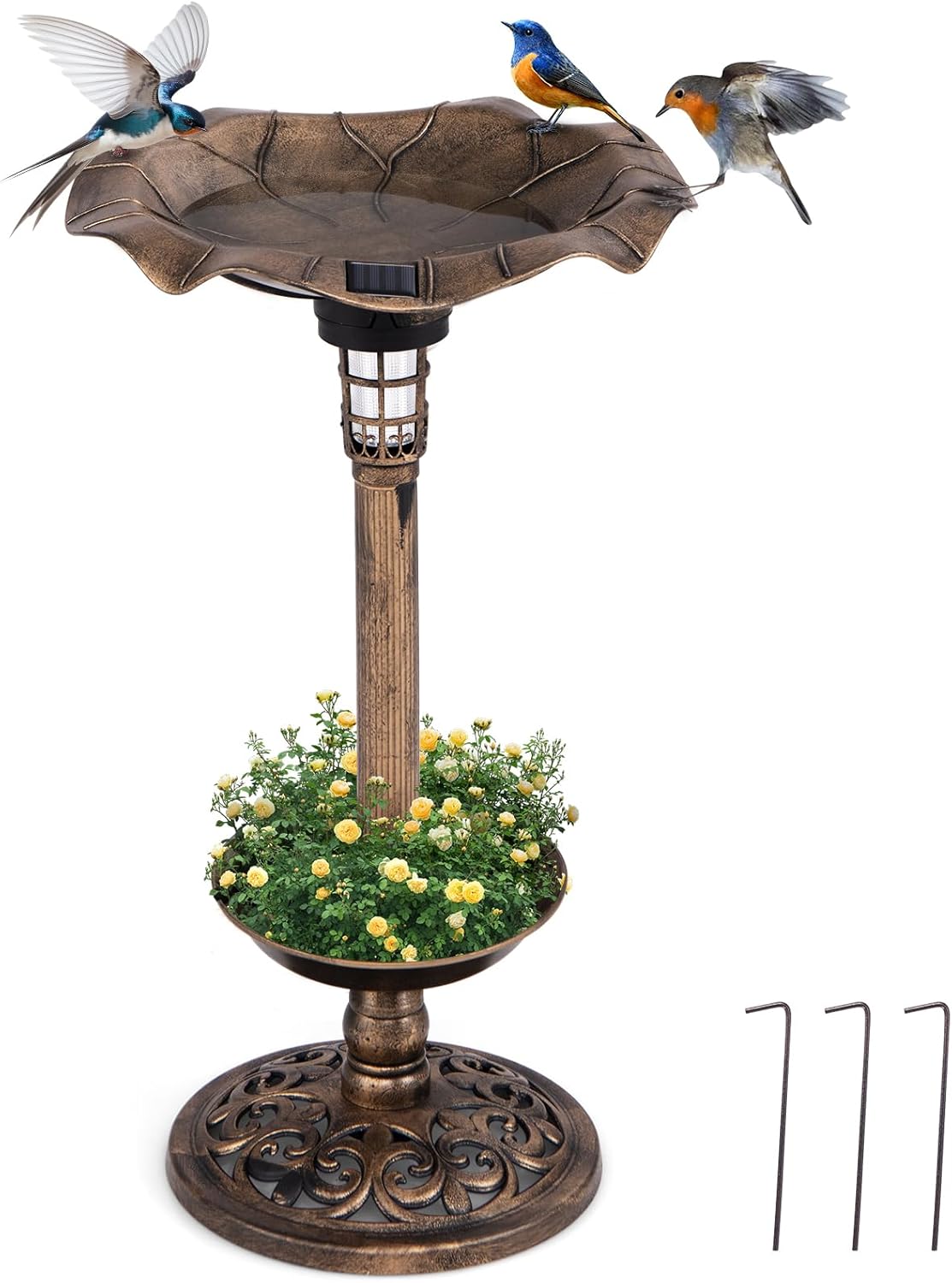 Karmnik dla Ptaków na Zewnątrz z Oświetleniem Słonecznym, Poidło dla Ptaków o Wysokości 76 cm i Karmnik z Miską z Blachy