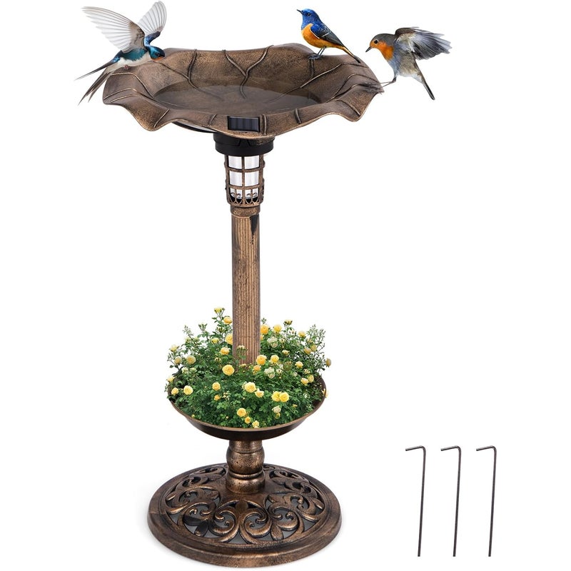 Karmnik dla Ptaków na Zewnątrz z Oświetleniem Słonecznym, Poidło dla Ptaków o Wysokości 76 cm i Karmnik z Miską z Blachy