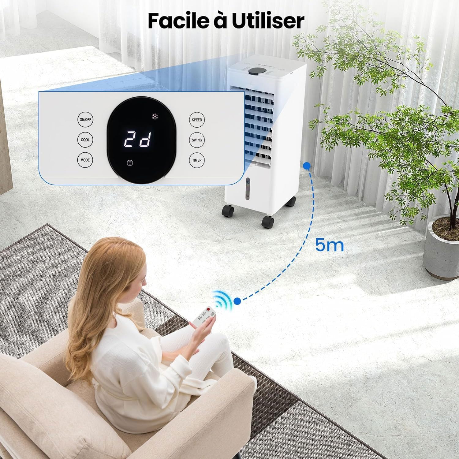 2,8L Climatiseur Mobile sans Évacuation-3 Vitesses 2 Blocs de Glace,Minuterie 12H-avec Télécommande Blanc - 7