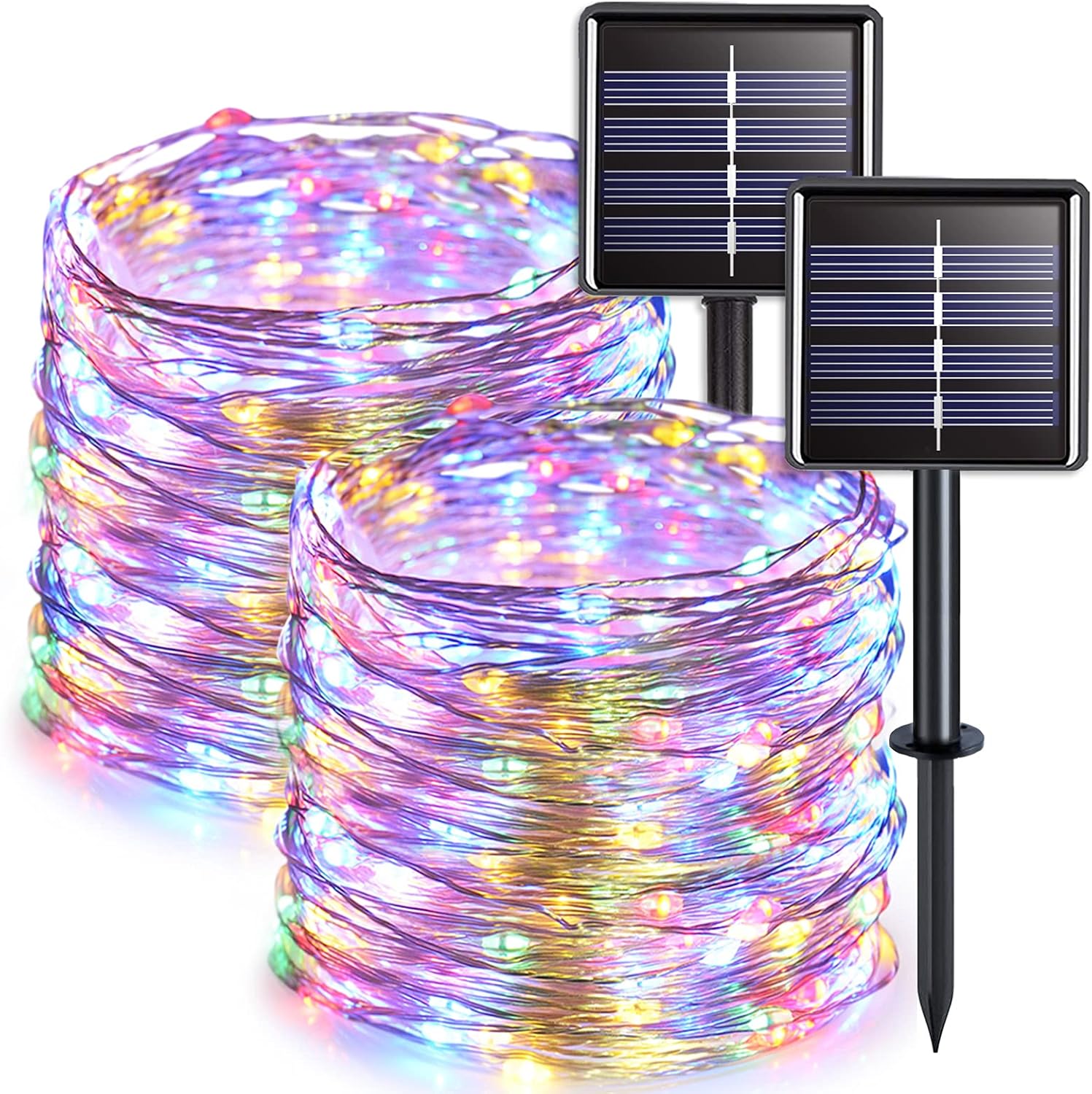 Zestaw 2 lampek solarnych do użytku na zewnątrz, drut miedziany, wodoodporny, 32 metry na lampkę, 300 diod LED (światło kolorowe)
