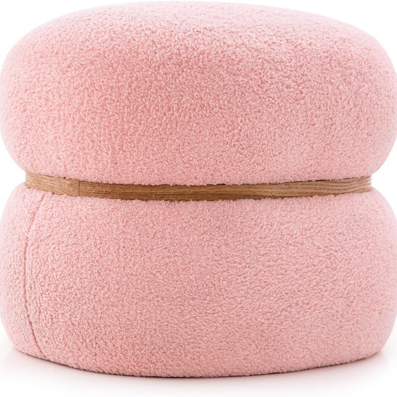 Taboret Owalny do Siedzenia i Makijażu, Polerowany z Sherpa, Antypoślizgową Wyściółką, Otomana Aksamitna do Wejścia, Salonu, 44 x 35 x 35 cm, Różowy