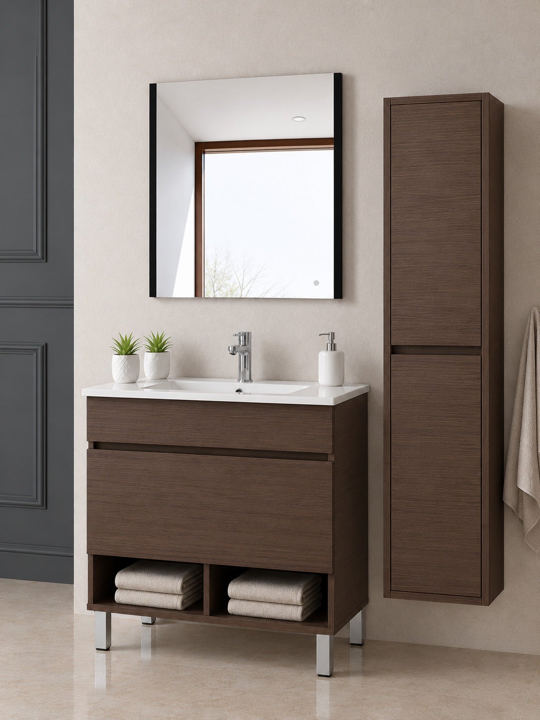 Mobilier de baie cu picioare cu lavoar ORIGENBATH NEBARI cu picioare și sertar cu coloană 80x45 cm frasin tea cu coloană