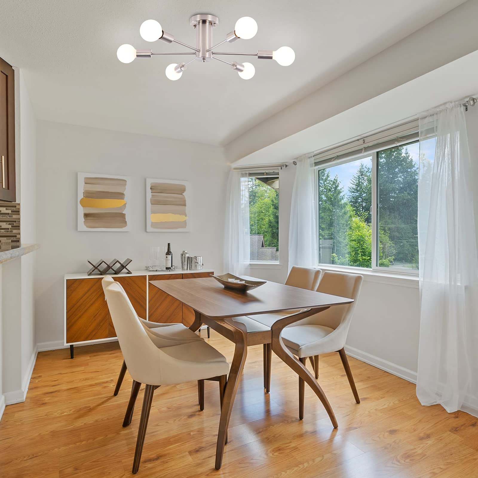 Półwpuszczana lampa sufitowa, sufitowa z 6 punktami świetlnymi, nowoczesny żyrandol satelitarny, z połowy XX wieku, srebrna (żarówki nie są dołączone) - 3