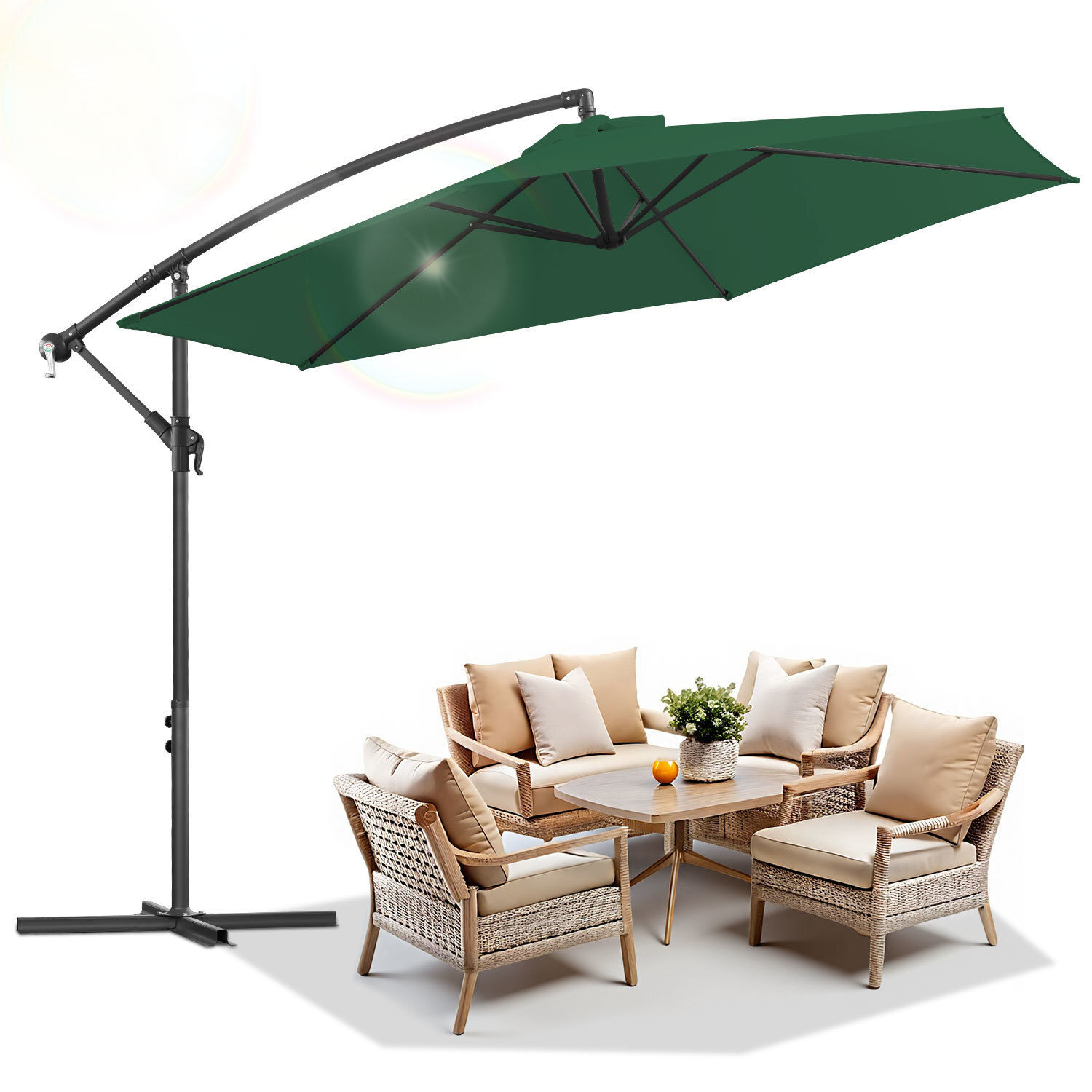 Ombrellone con LED 350 cm con protezione UV 30+ a manovella pieghevole in ombrellone balcone giardino balcone ombrellone a manovella verde