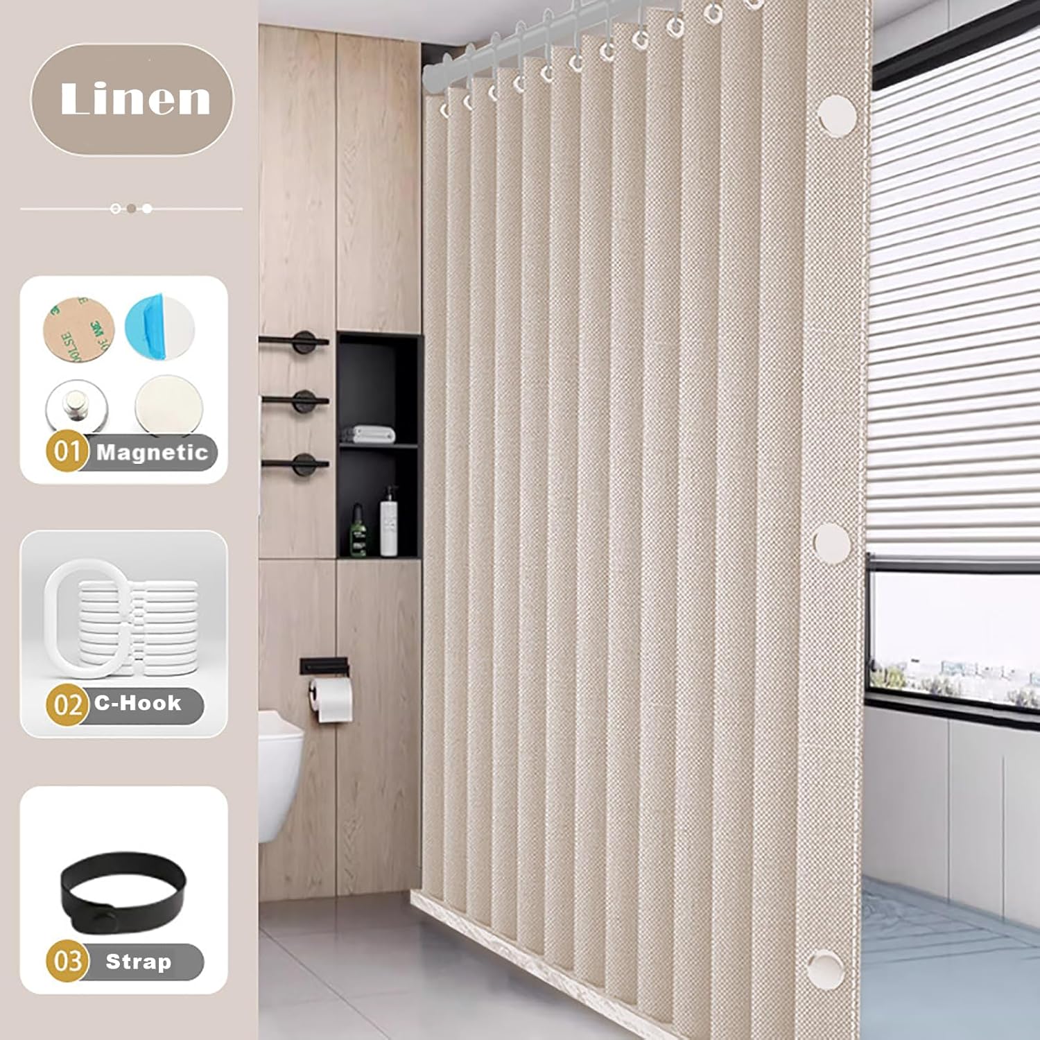Tenda da doccia magnetica pieghevole, impermeabile e antimuffa, magnetica, in lino spesso, senza fodera, beige, 120 x 200 cm. - 6
