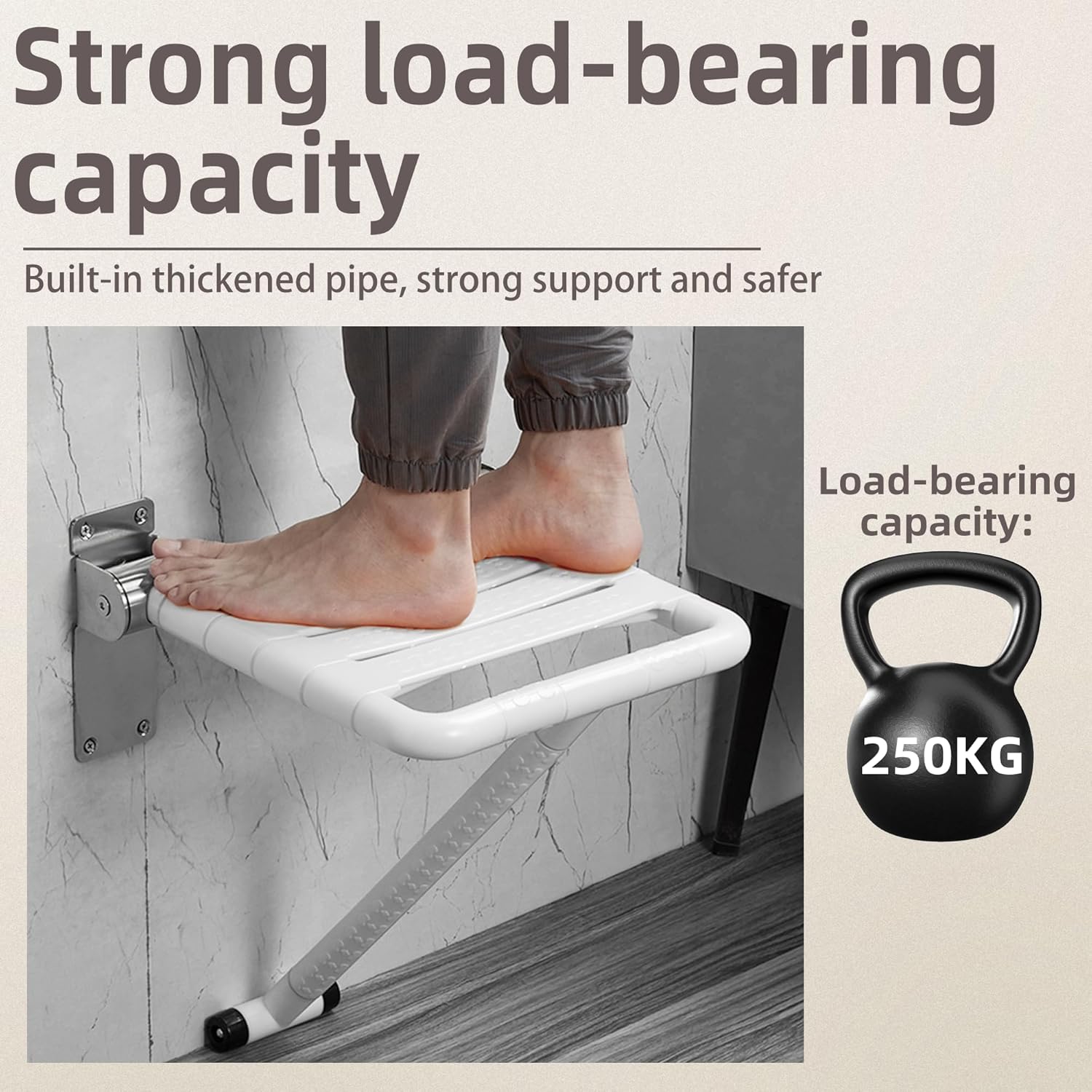 Blanc Siège de Douche Rabattable avec Pieds de Support,Chaise de Douche Adulte pour Personne Handicapée Pliable Antidérapante en Acier INOX 304 et Âgé - 5