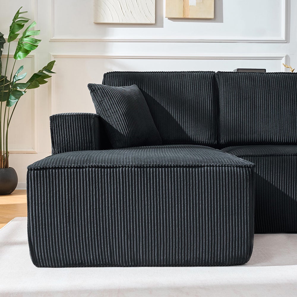 Canapé d'angle en L en velours côtelé compressé,2 places + coin chaise longue,noir,modulaire avec rembourrage en mousse haute densité - 9