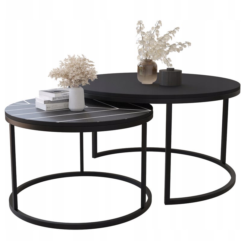 Zestaw 2 Stolików Kawowych Okrągłe LOFTOWE INDUSTRIAL Czarny PRINT 80cm