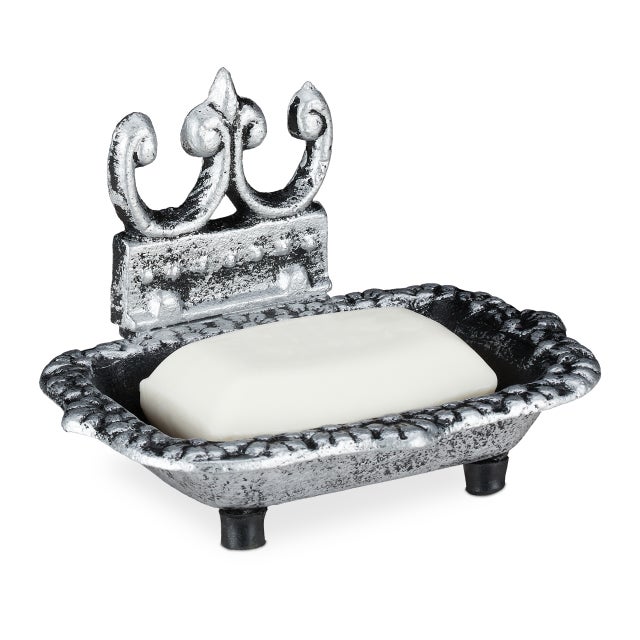 Relaxdays Jabonera, Vintage, Soporte Pastilla Jabón de Hierro Fundido, con Desagüe, Diseño Retro, Decorativa, Plateado