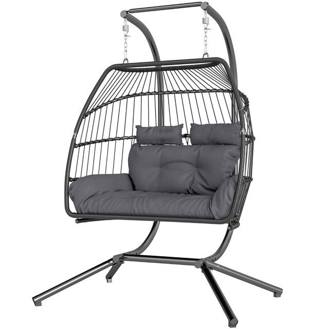 Kideo Poltrona Sospesa In Rattan Sintetico – Set Completo Con Struttura E Cuscini, Nero, Portata 120kg