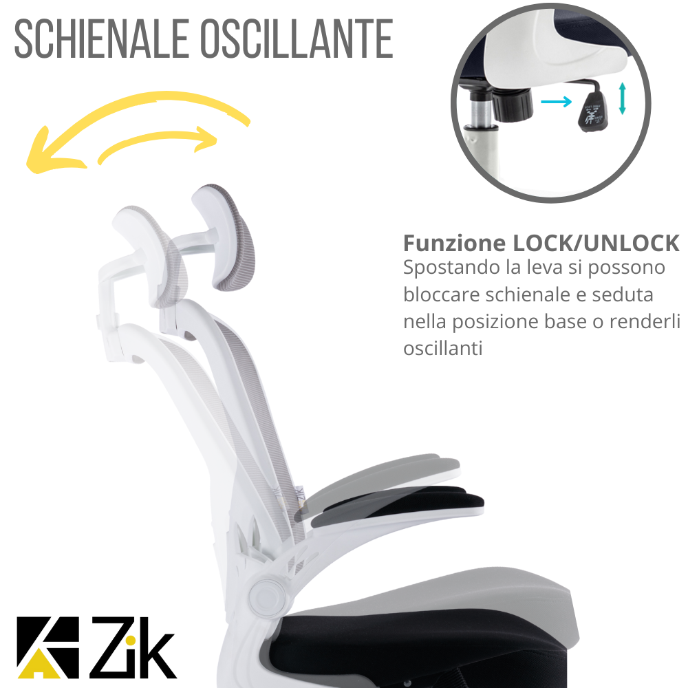 Chaise de Bureau Fauteuil Ergonomique Support Lombaire avec Accoudoirs et Appui-Tête Oscillant, Blanc et Gris - ZIK - 3