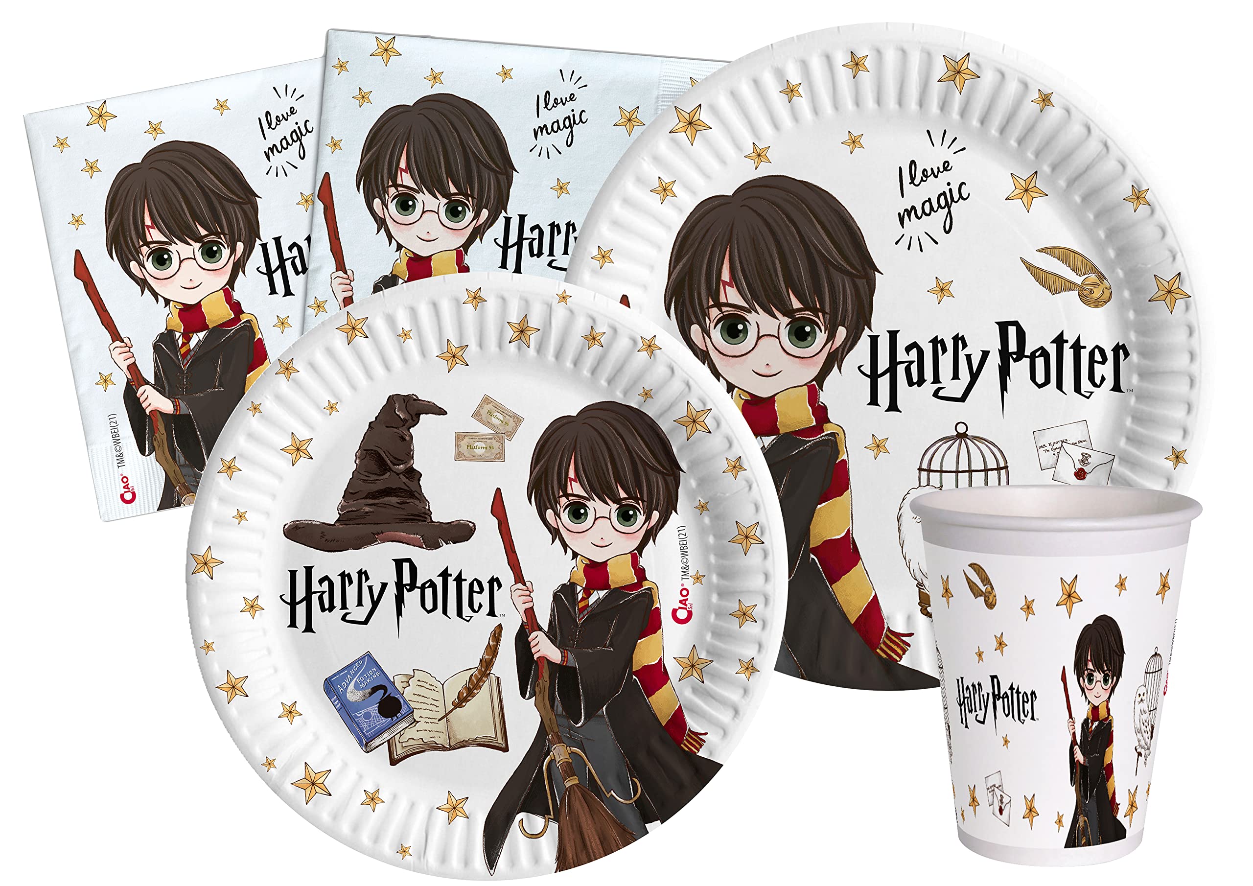 Kit Party Tavola Harry Potter per 24 persone (112 pezzi: 24 piatti 23cm, 24 piatti 18cm, 24 bicchieri 200ml, 40 tovaglioli 33x33cm) in carta compo | Leroy Merlin