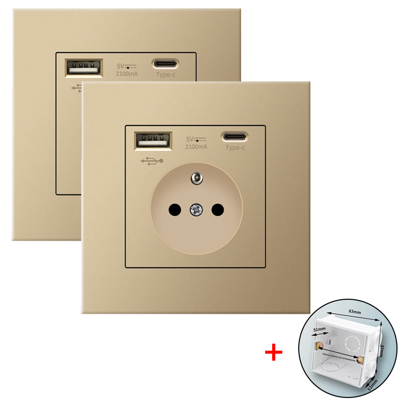 Zestaw 2 gniazd ściennych z USB i Type-C, 5 V 2,1 A, standard UE, podtynkowe gniazdo USB, listwa zasilająca z puszką montażową, 110-250 V (złoty)