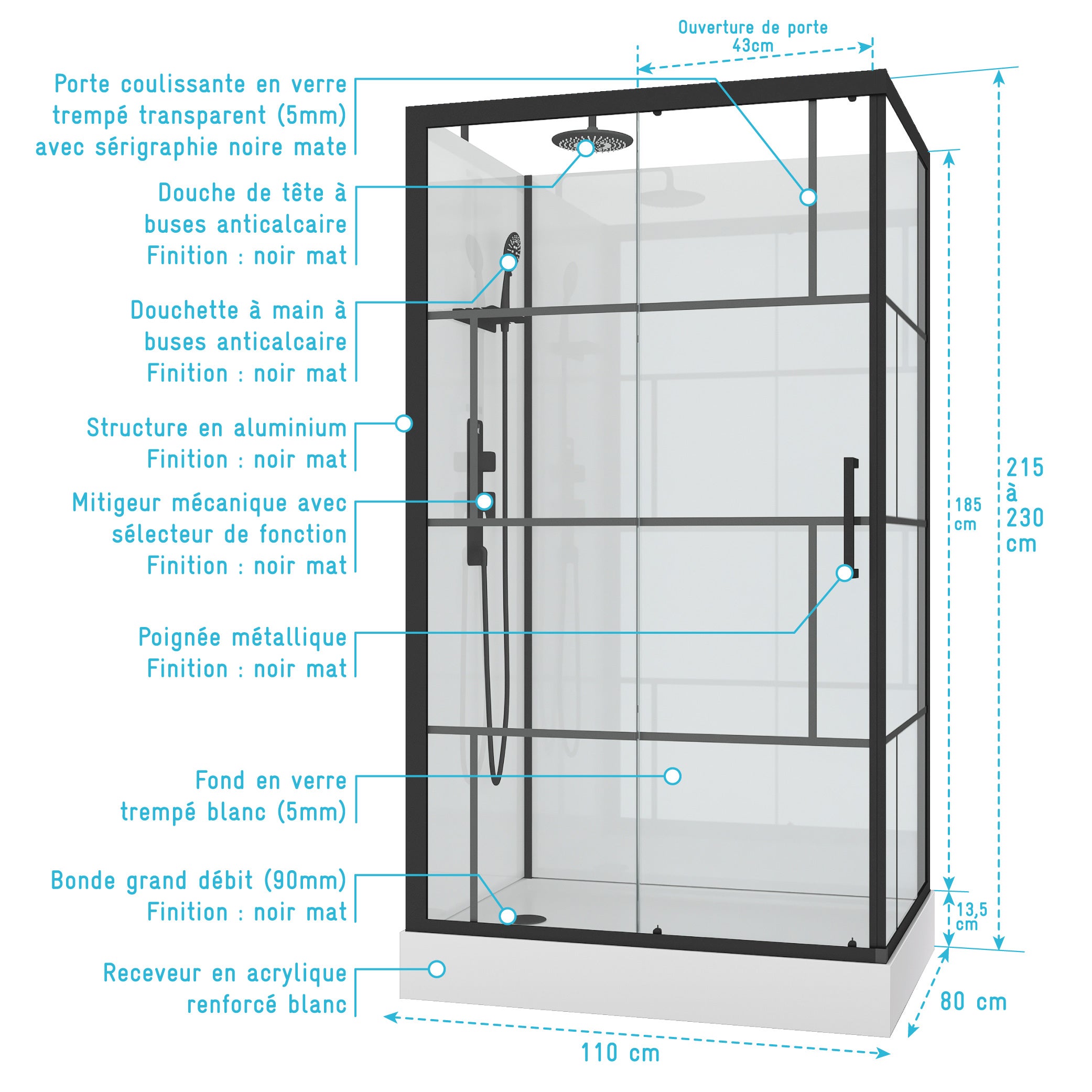 Cabine de douche 110x80cm / Receveur Haut - Verre transparent sérigraphié et Blanc - Profilés Noir - 4