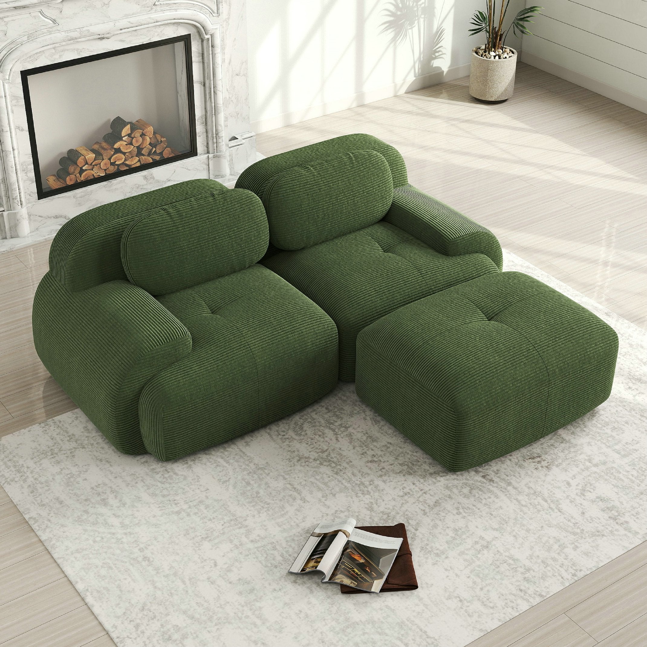 Canapé d\'angle 2 places 208 cm, modulable avec accoudoirs incurvés, antidérapant - pieds élargis – en velours côtelé doux – vert - 3